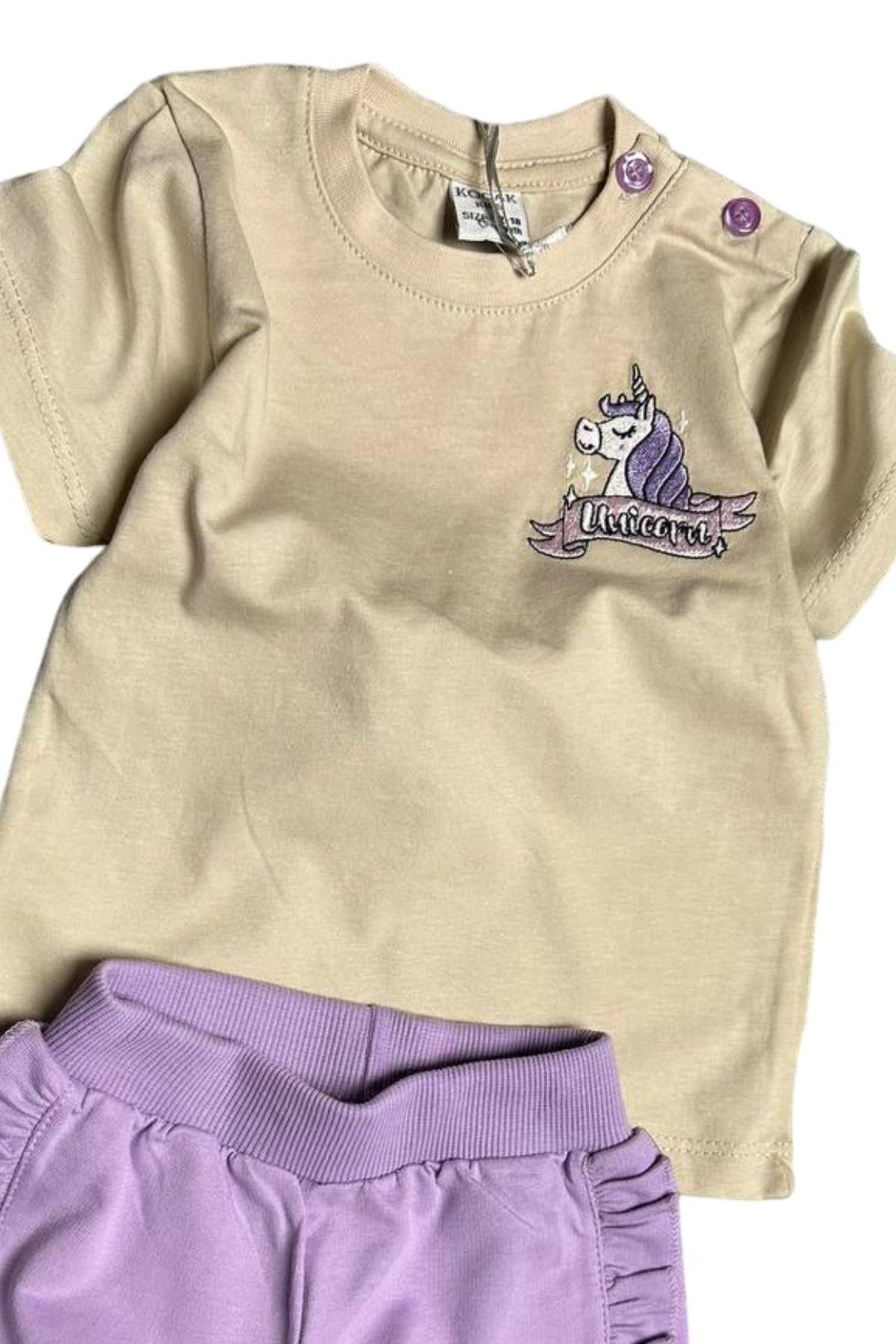 Riccotarz-Baby Girl Unicorn Embroidery Embroidered T-Shirt Set with Ruffled Sides Lilac Shorts 2