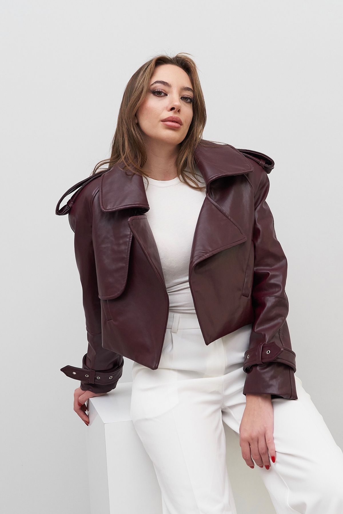 Rabia Çelik-Women's Burgundy Leather Jacket with Ankle Belt and Shoulder Detail 6