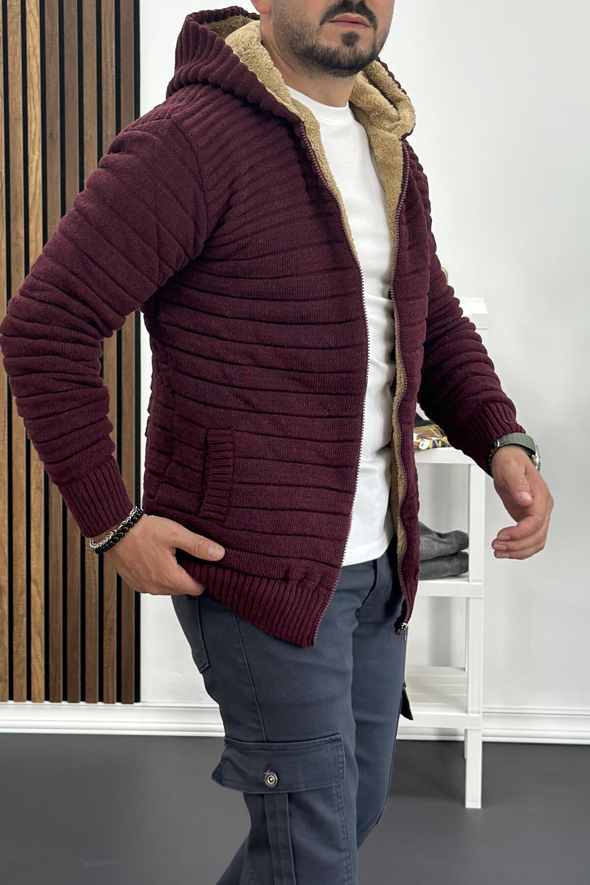 ژاکت کشباف شرابی بافتنی کلاهدار مردانه T743 — زرشکی EDWOX02948GYM — تصویر 4 از 5