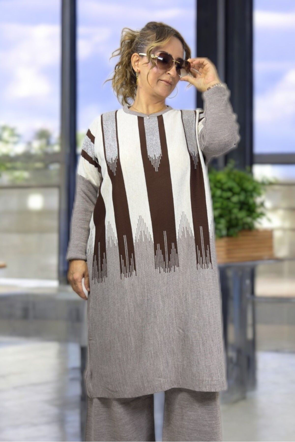 yagmurberen-100% Acrylic Fabric Large Size Bottom Top Set with Sim Streifen Pattern 2