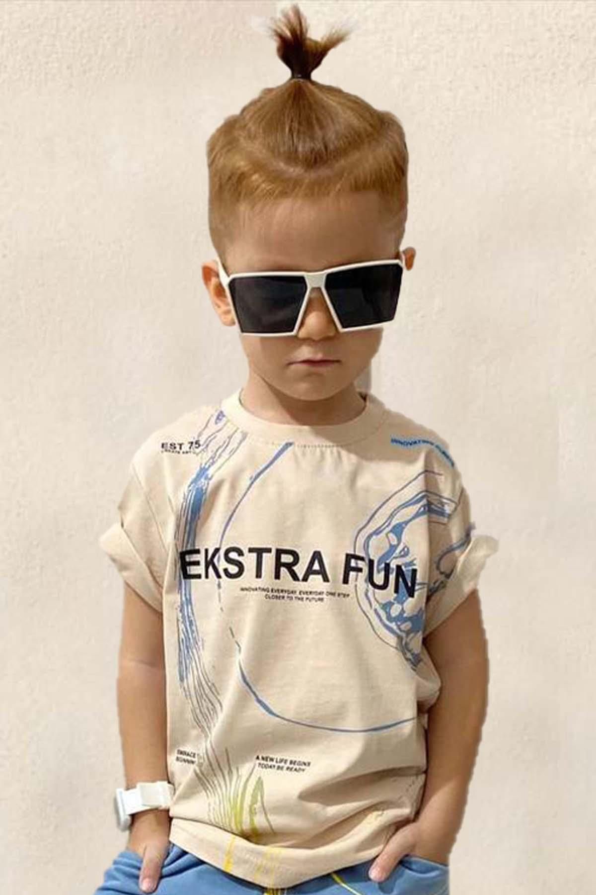 Riccotarz-Boy's Extra Fun Text and Digital Printed T-Shirt Set with Blue Shorts 2