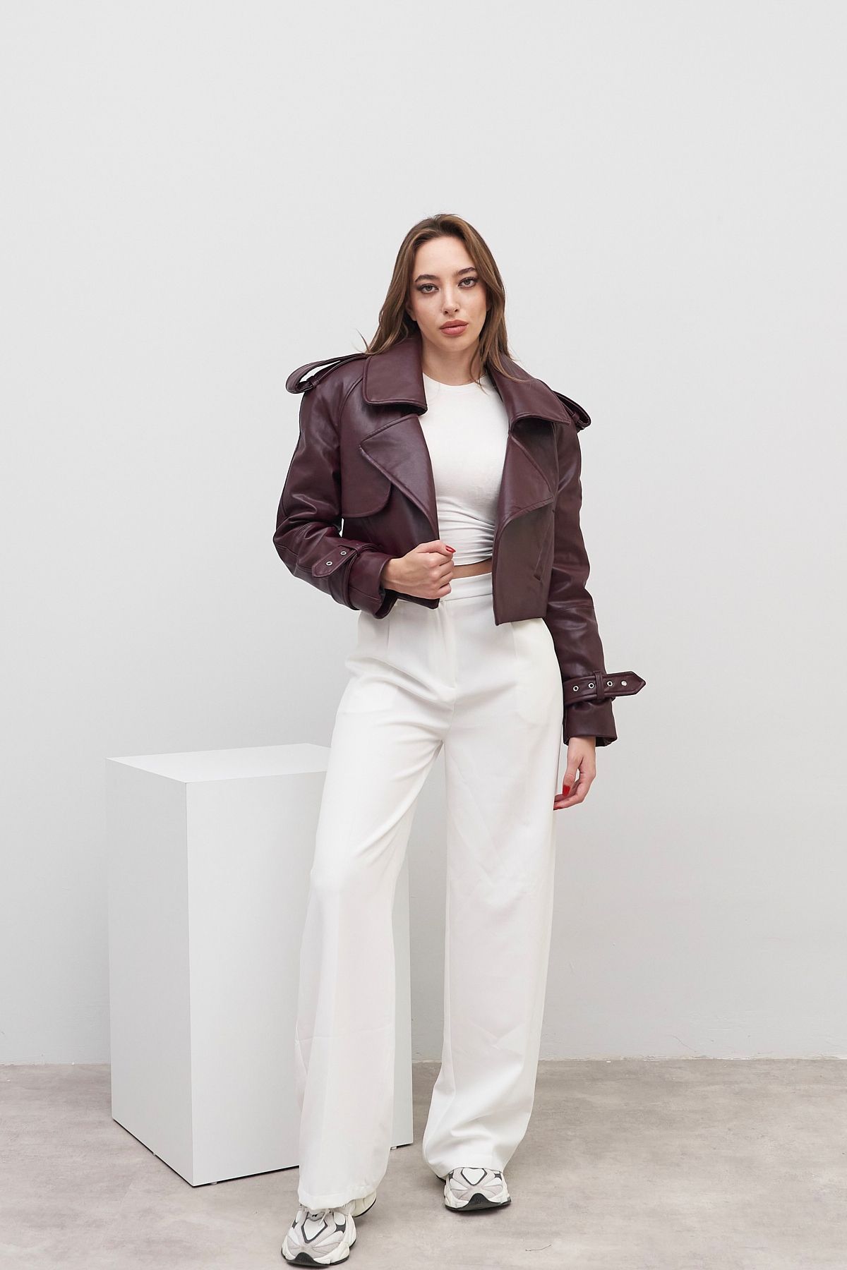 Rabia Çelik-Women's Burgundy Leather Jacket with Ankle Belt and Shoulder Detail 2