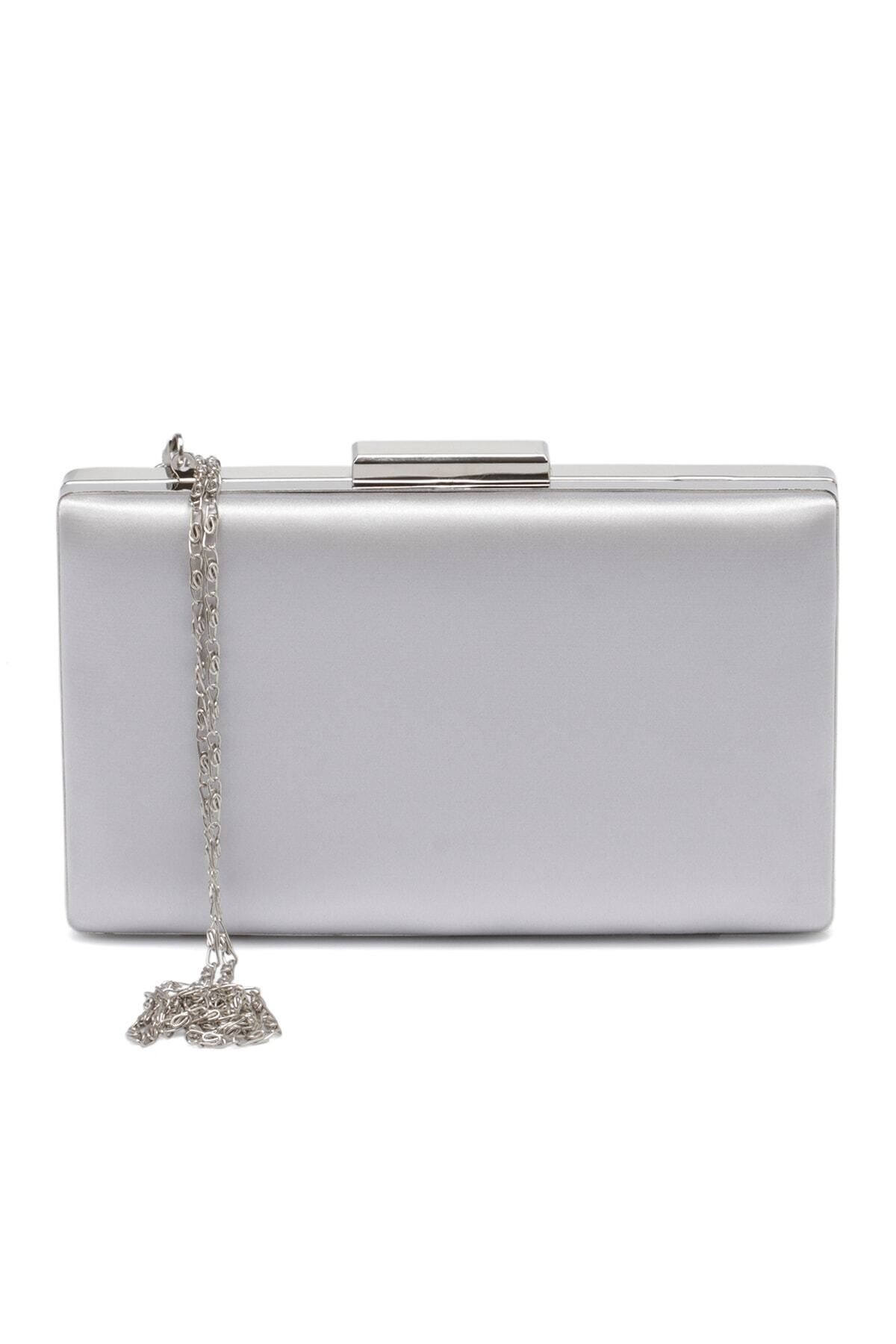 Wedding Fashion Gümüş Gri Renk Gümüş Kasalı Saten Abiye Çanta Clutch Balo Mezuniyet Çantası El Çantası