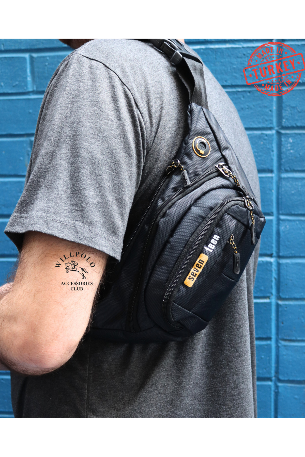 SEVENTEEN  WillPolo Su geçirmez Quatro Kumaş Sarı Detaylı Çapraz Göğüs Çantası Bel Çantası Kulaklık Çıkışlı