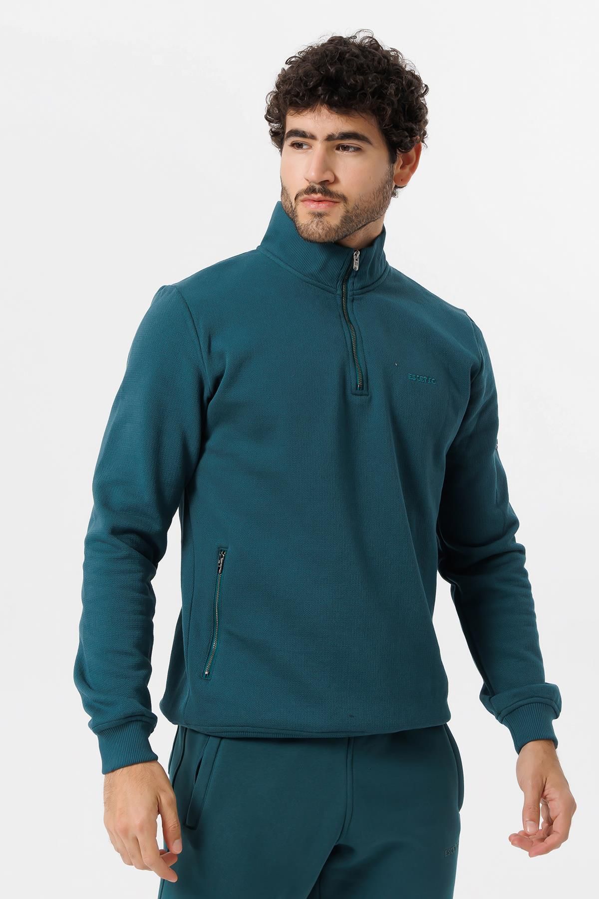 Escetic-Men's Green Thick Fleece Slimfit Winter Sweatshirt T0120 6