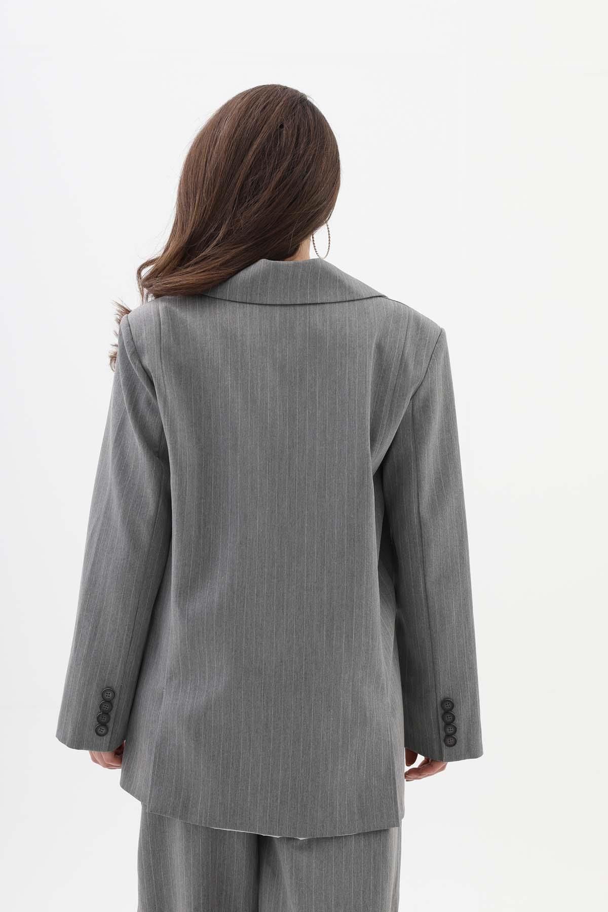 VAPUR TEKSTİL-Fleto Pocketed Narrow Striped Polyviscose Blazer Jacket - Gray 7