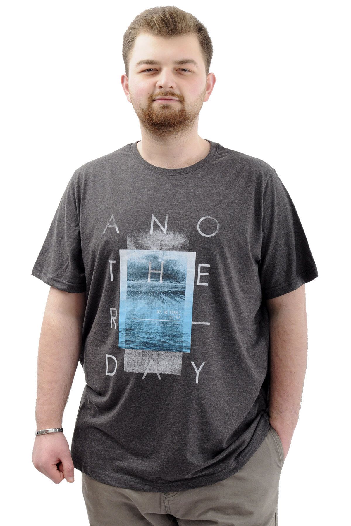 ModeXL-Men's T-shirt - Mode XL, Crew Neck, Printed, ANOTHER DAY U24070, Antramelange, Large Size 2