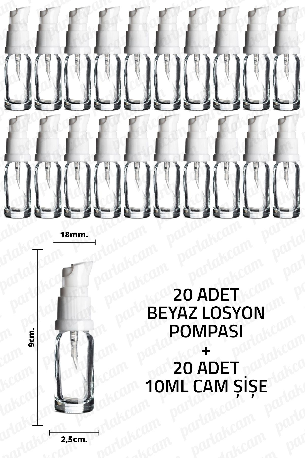 parlakcam 10ml Beyaz Losyon Pompası Şeffaf Cam Şişe 10cc Beyaz Krem Pompası Başlıklı Şeffaf Cam Şişe 20 Adet