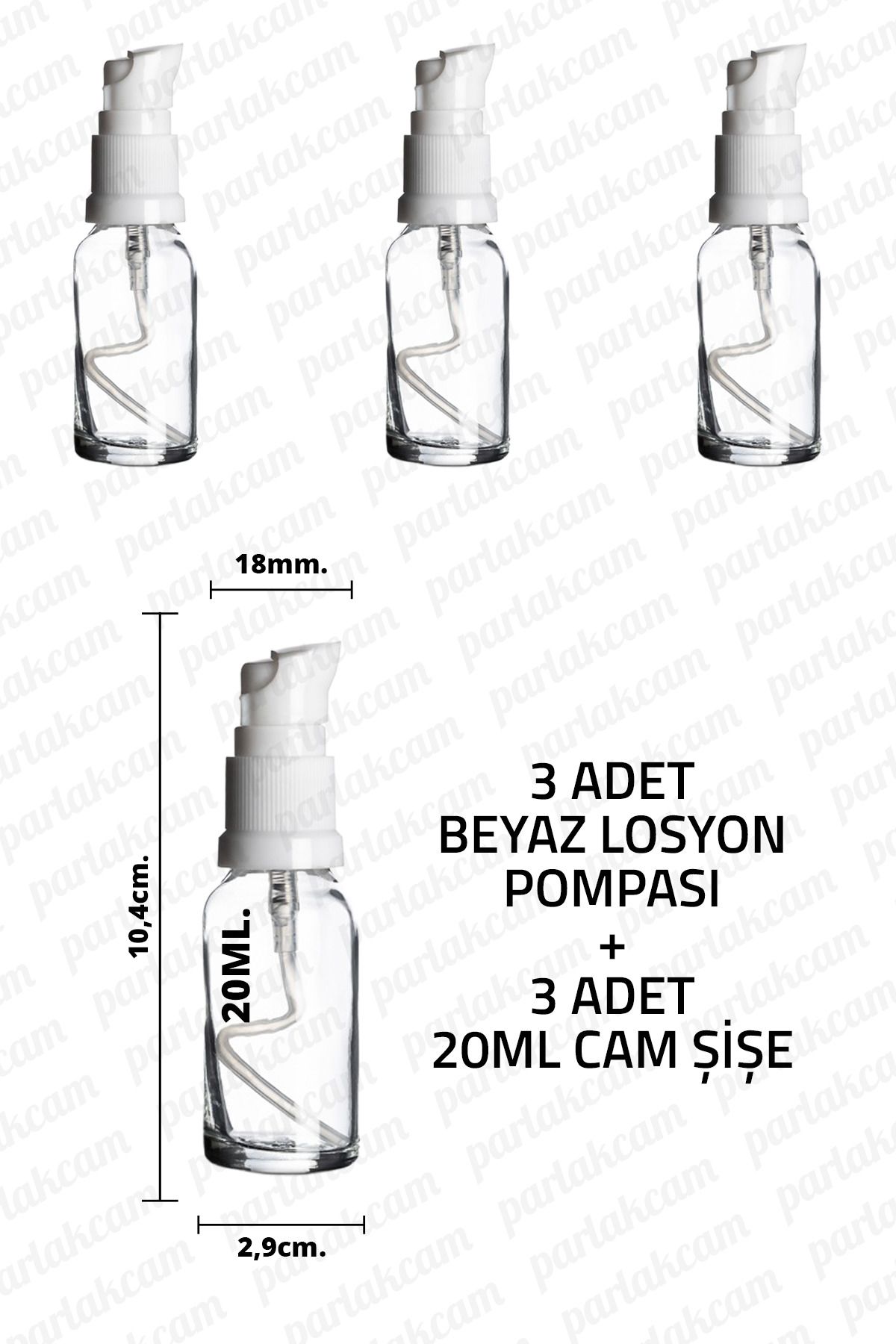 parlakcam 20ml Beyaz Losyon Pompası Şeffaf Cam Şişe 20cc Beyaz Krem Pompası Başlıklı Şeffaf Cam Şişe 3 Adet