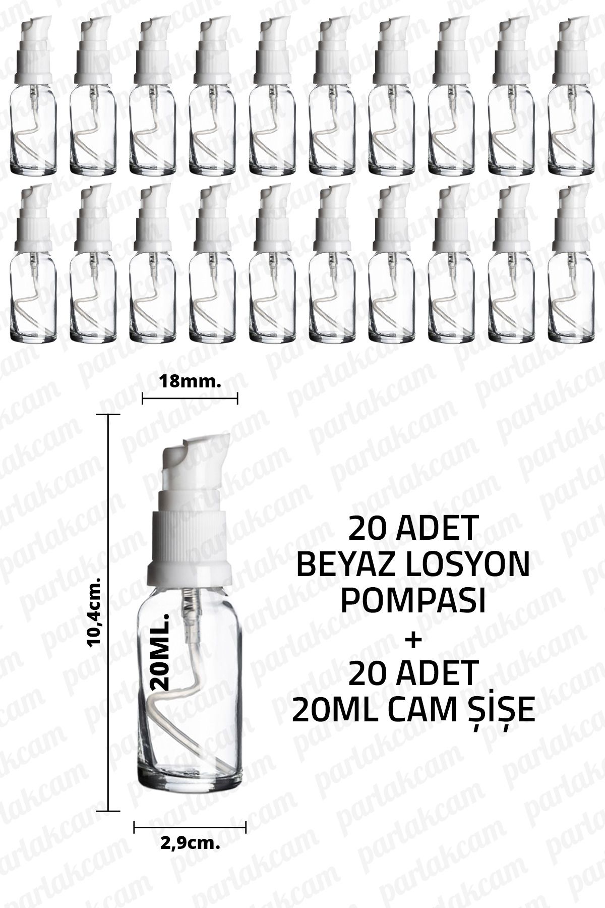 parlakcam 20ml Beyaz Losyon Pompası Şeffaf Cam Şişe 20cc Beyaz Krem Pompası Başlıklı Şeffaf Cam Şişe 20 Adet