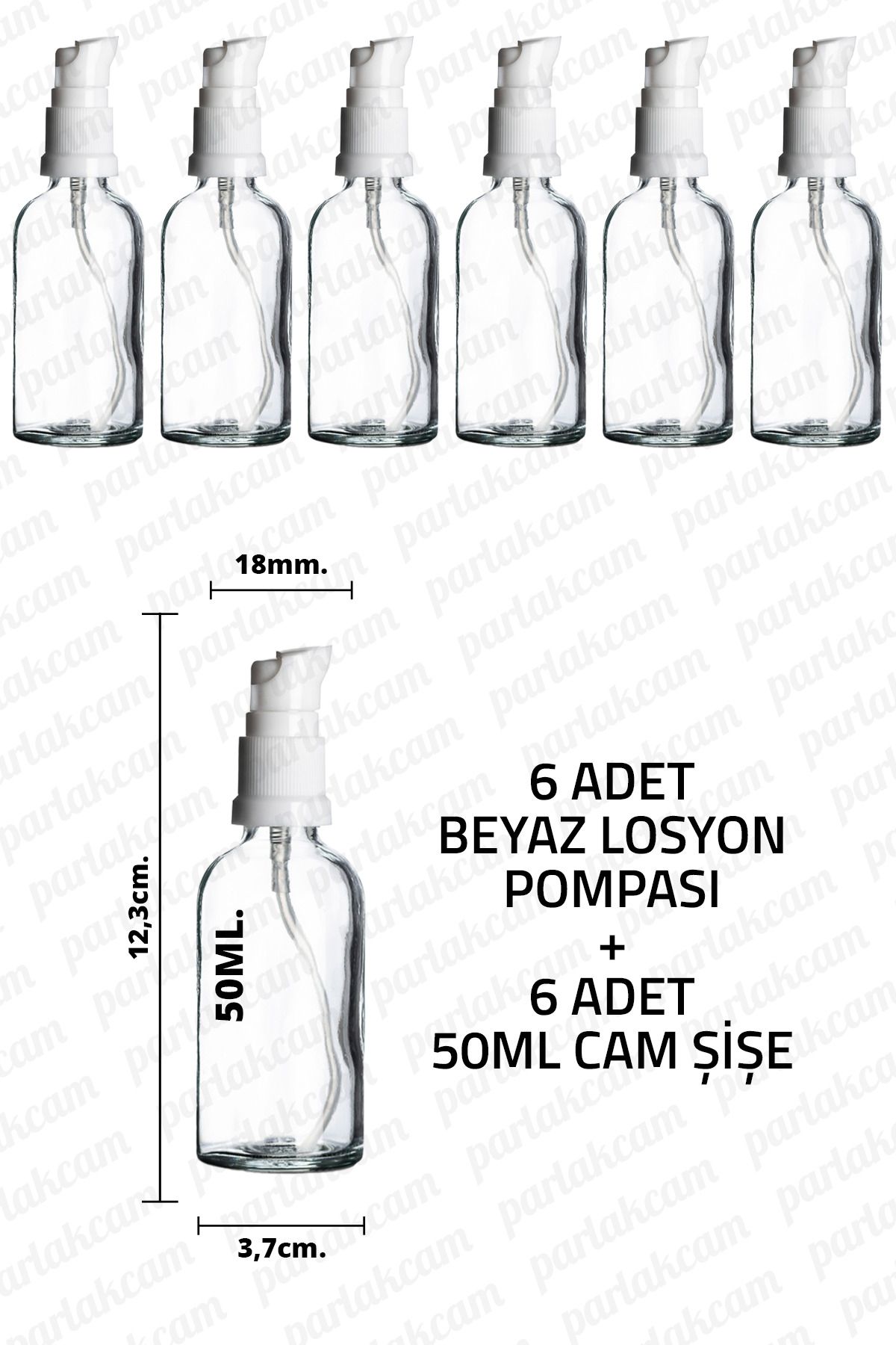 parlakcam 50ml Beyaz Losyon Pompası Şeffaf Cam Şişe 50cc Beyaz Krem Pompası Başlıklı Şeffaf Cam Şişe 6 Adet