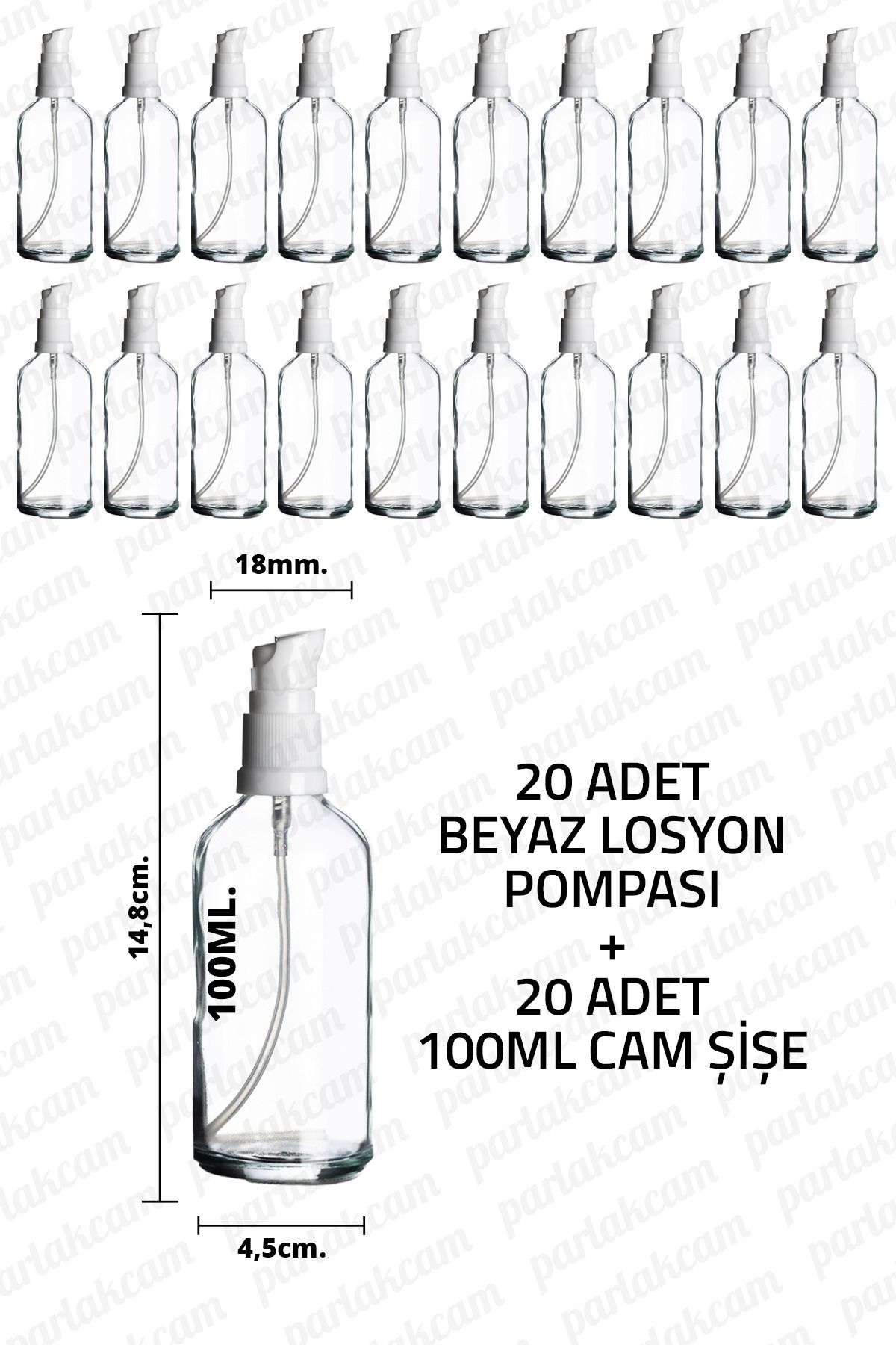 parlakcam 100ml Beyaz Losyon Pompası Şeffaf Cam Şişe 100cc Beyaz Krem Pompası Başlıklı Şeffaf Cam Şişe 20 Adet