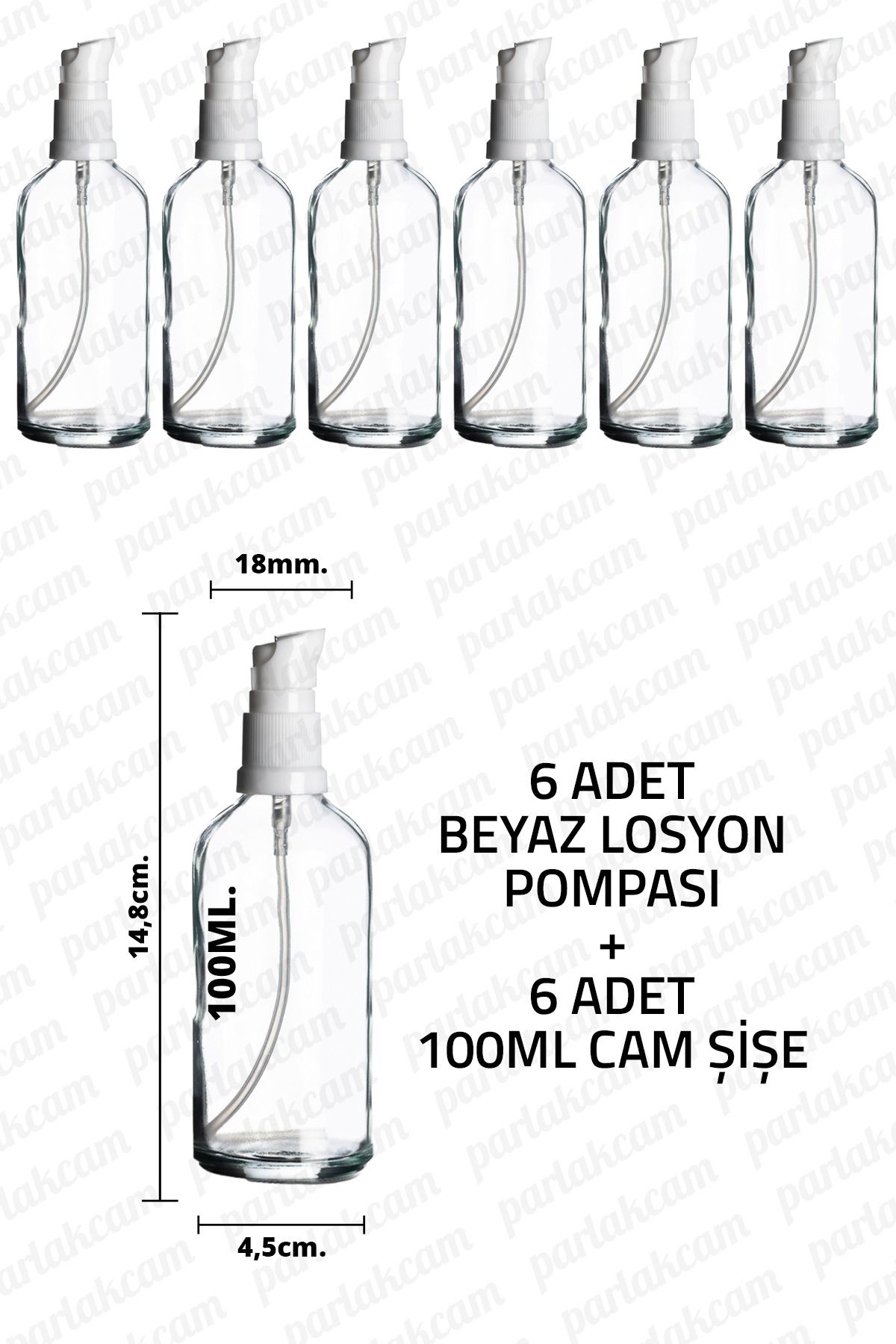 parlakcam 100ml Beyaz Losyon Pompası Şeffaf Cam Şişe 100cc Beyaz Krem Pompası Başlıklı Şeffaf Cam Şişe 6 Adet