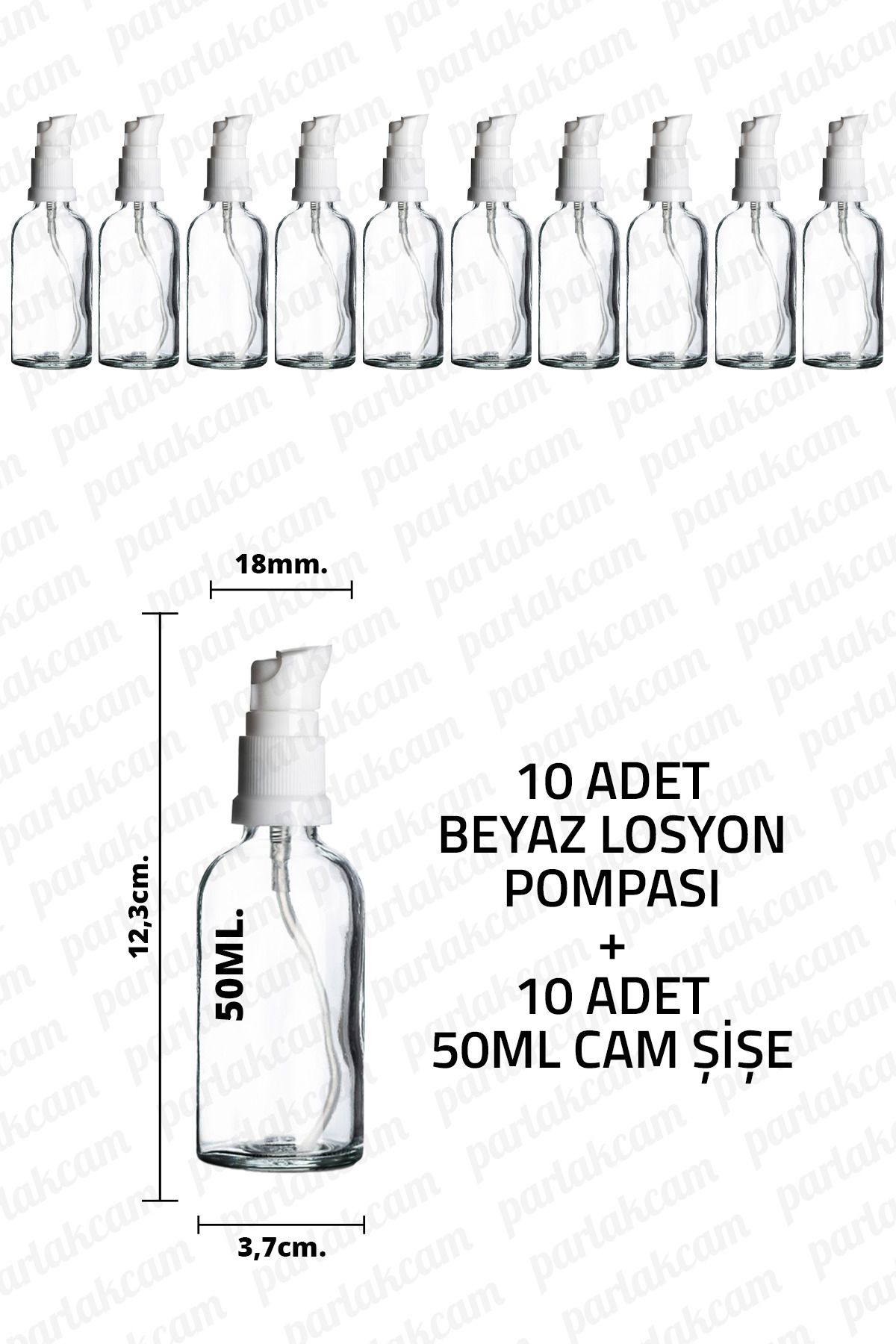 parlakcam 50ml Beyaz Losyon Pompası Şeffaf Cam Şişe 50cc Beyaz Krem Pompası Başlıklı Şeffaf Cam Şişe 10 Adet