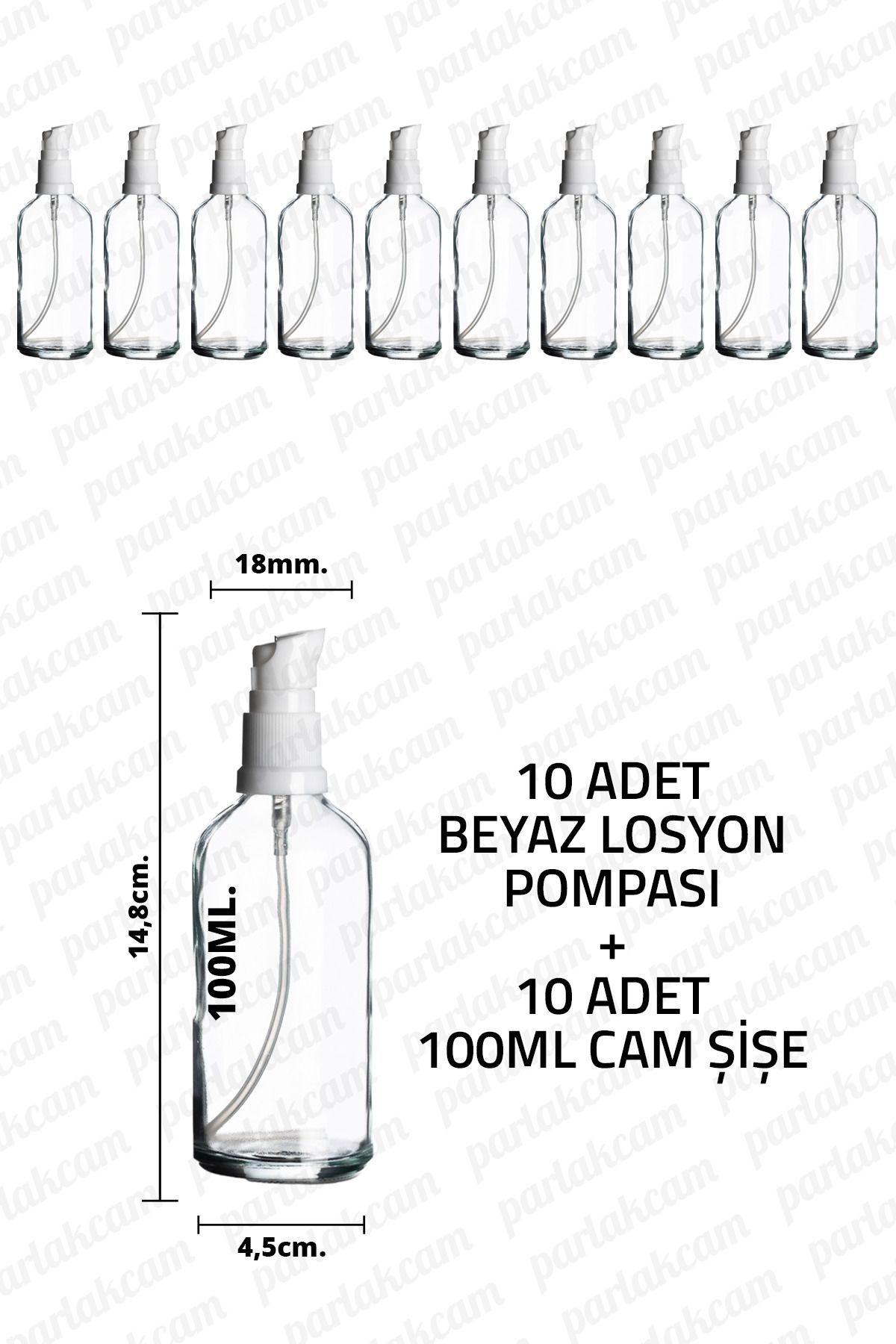 parlakcam 100ml Beyaz Losyon Pompası Şeffaf Cam Şişe 100cc Beyaz Krem Pompası Başlıklı Şeffaf Cam Şişe 10 Adet