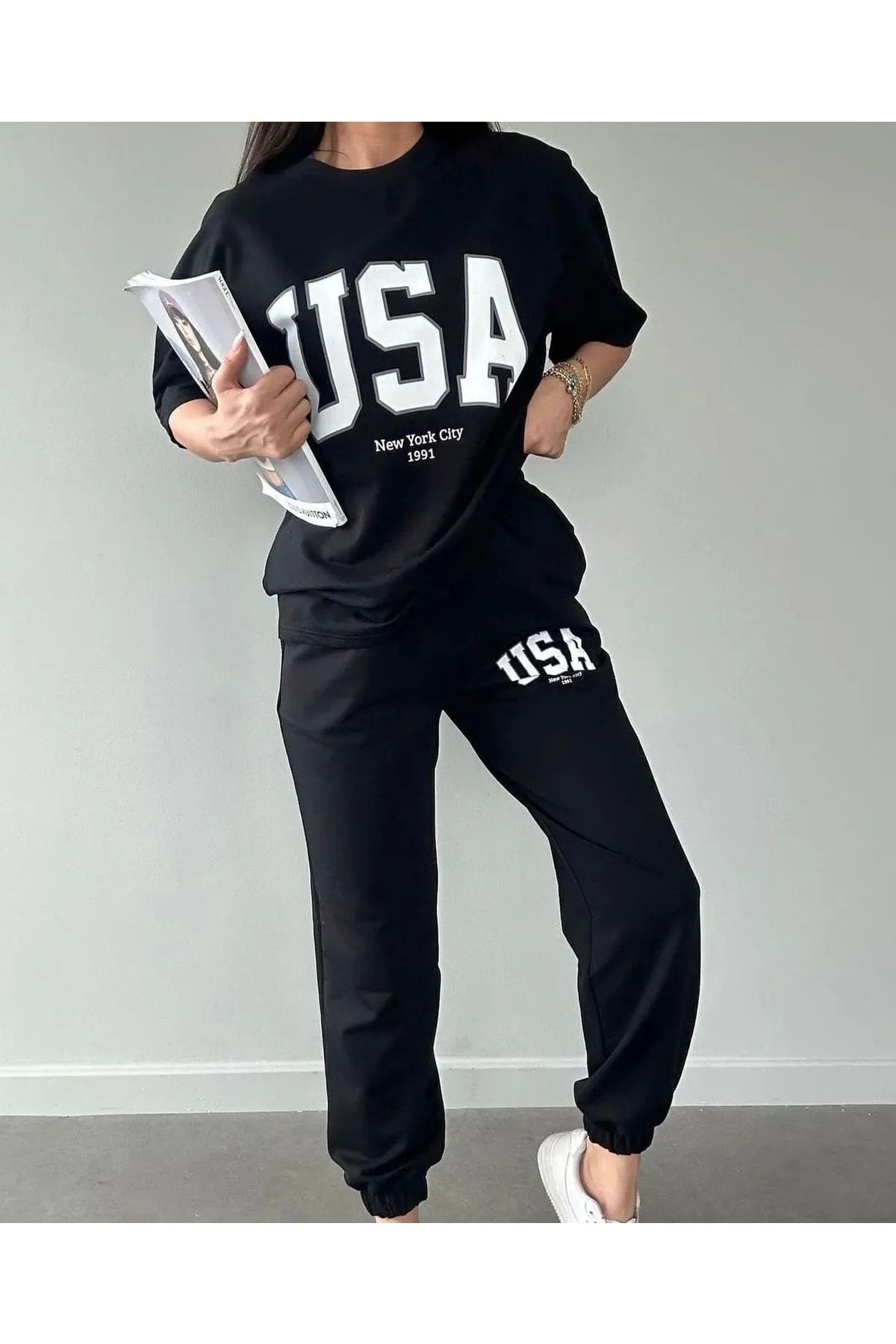 MOCHALAT CANDLES Usa Baskılı T-shirt Eşofman Altı Jogger- Unisex Siyah Alt Üst Eşofman Takım