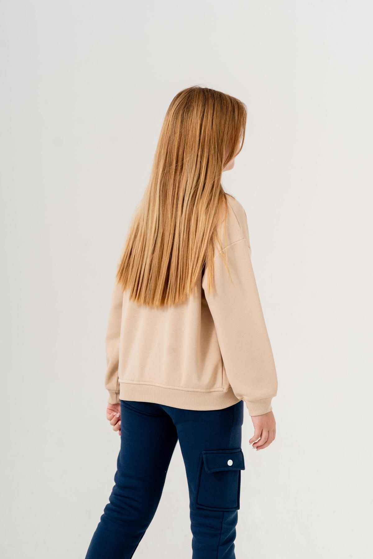 TRENDİMİZBİR-Beige Girl's Sweatshirt - Paris Lettering and Stone Detail 6