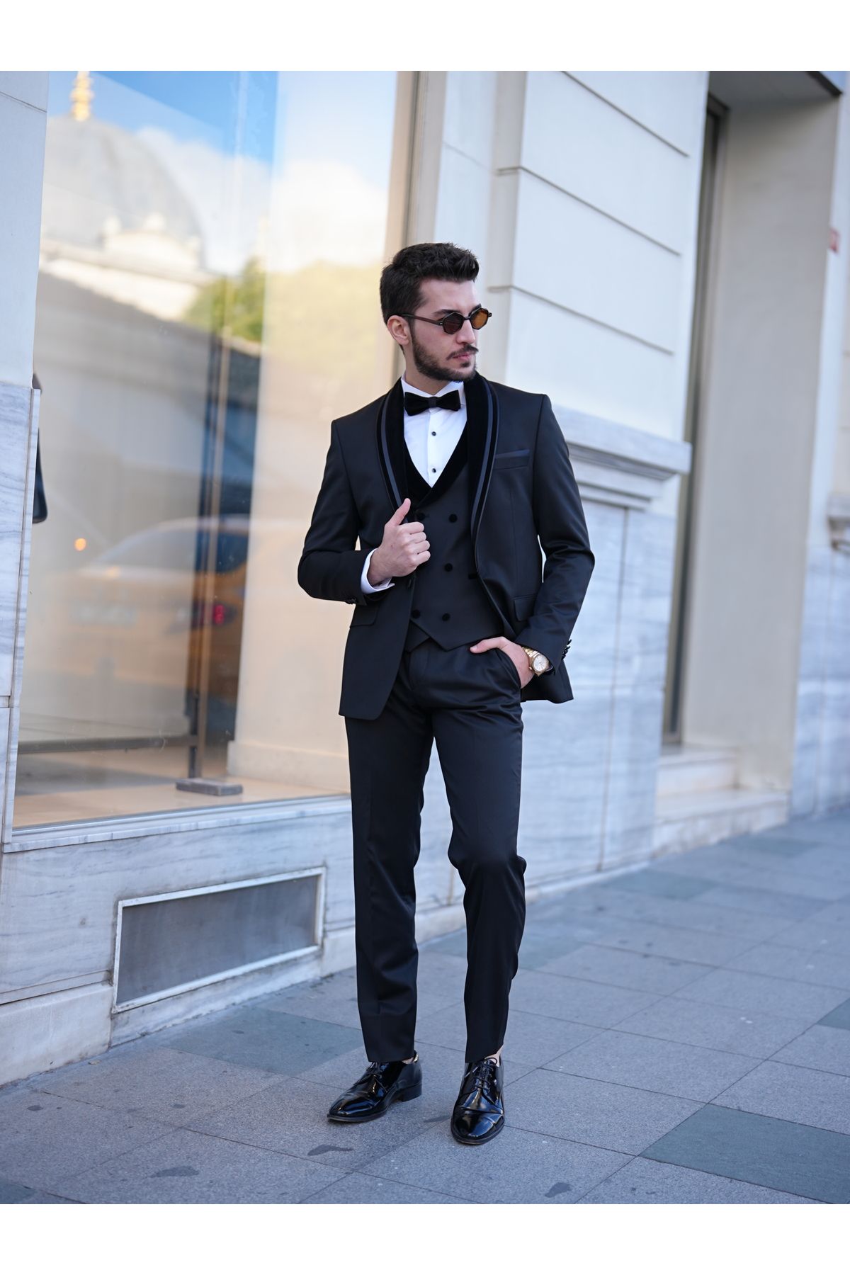 LONATOLİA Erkek Smokin Damatlık Kadife Şal Yaka İtalyan Stil Slim Fit Ceket Yelek Pantolon Papyon