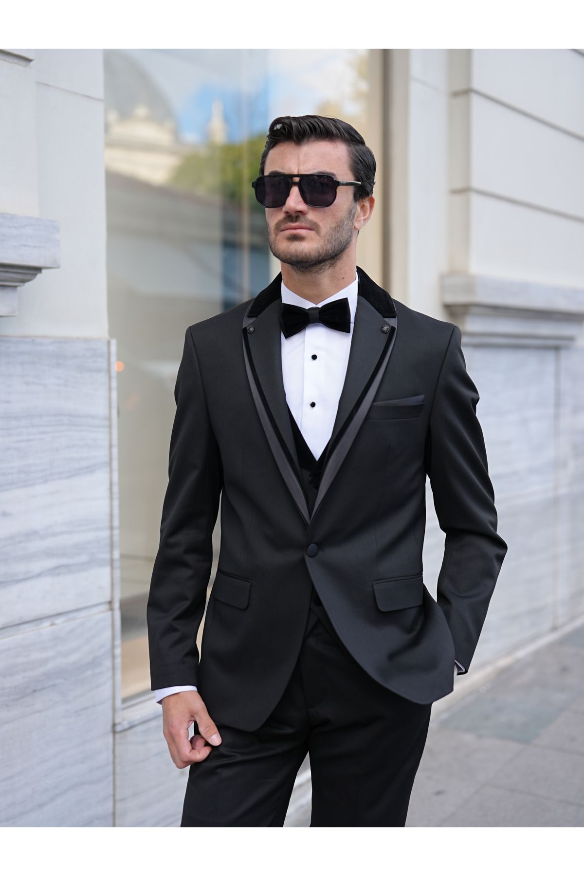 LONATOLİA Erkek Pilot Yaka Smokin Damatlık İtalyan Stil Slim Fit Ceket Yelek Pantolon Papyon