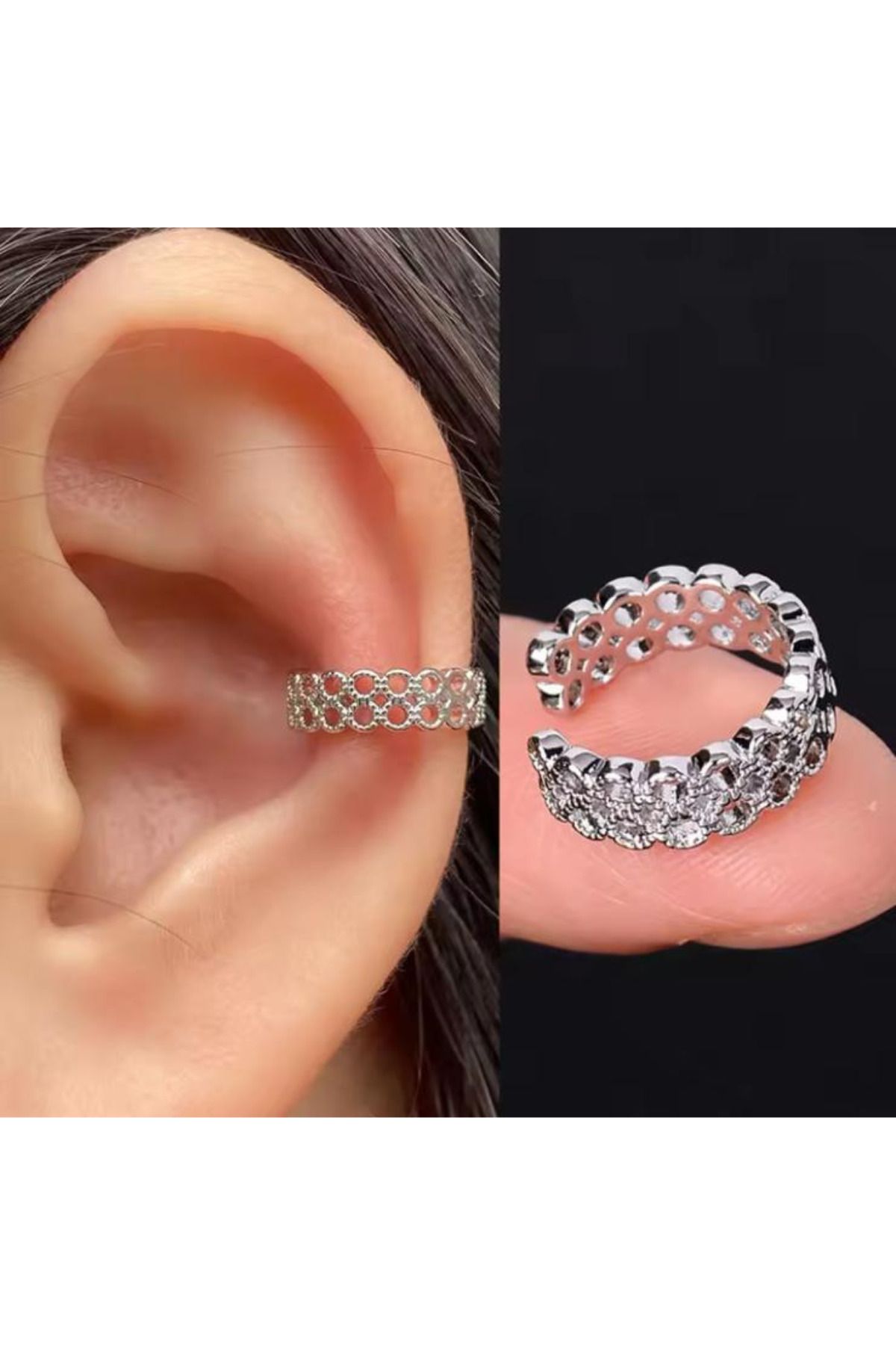 Jaida Moda-Unisex Compression Non-Perforated Double Row Circle Model Steel Cartilage Earrings Ear Cuff 1