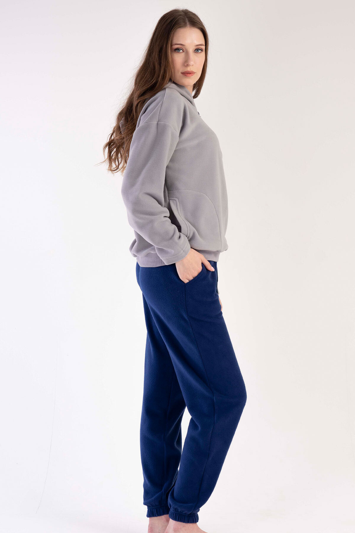 VİENETTA-Women's Fleece Hooded Off-Shoulder Half-Zip Long Sleeve Pocket Pajama Set, 303049 3