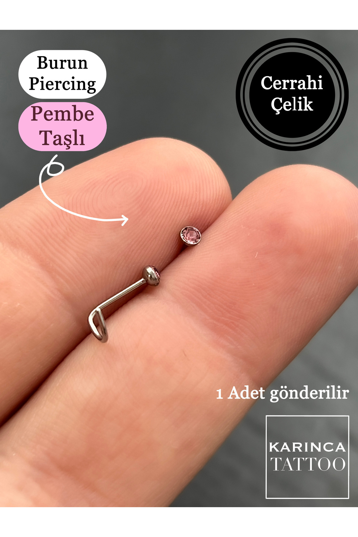 Karınca Piercing-Pink Rhinestone Nose Piercing Curved Thin Surgical Steel Nostril Piercing 3