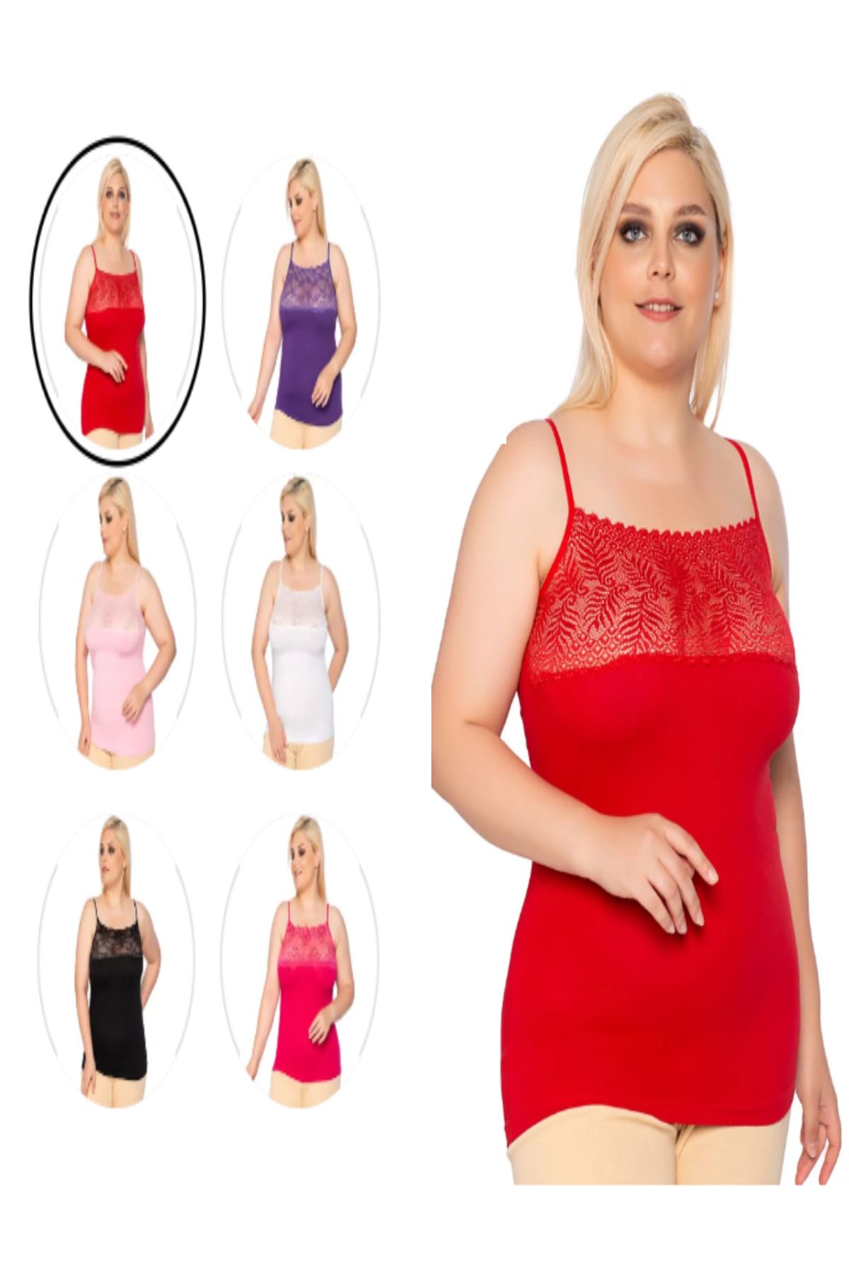 SİERNA Kadın Büyük Beden 6'lı Geniş Tüllü İp Askılı Atlet Battal Beden srn-000587