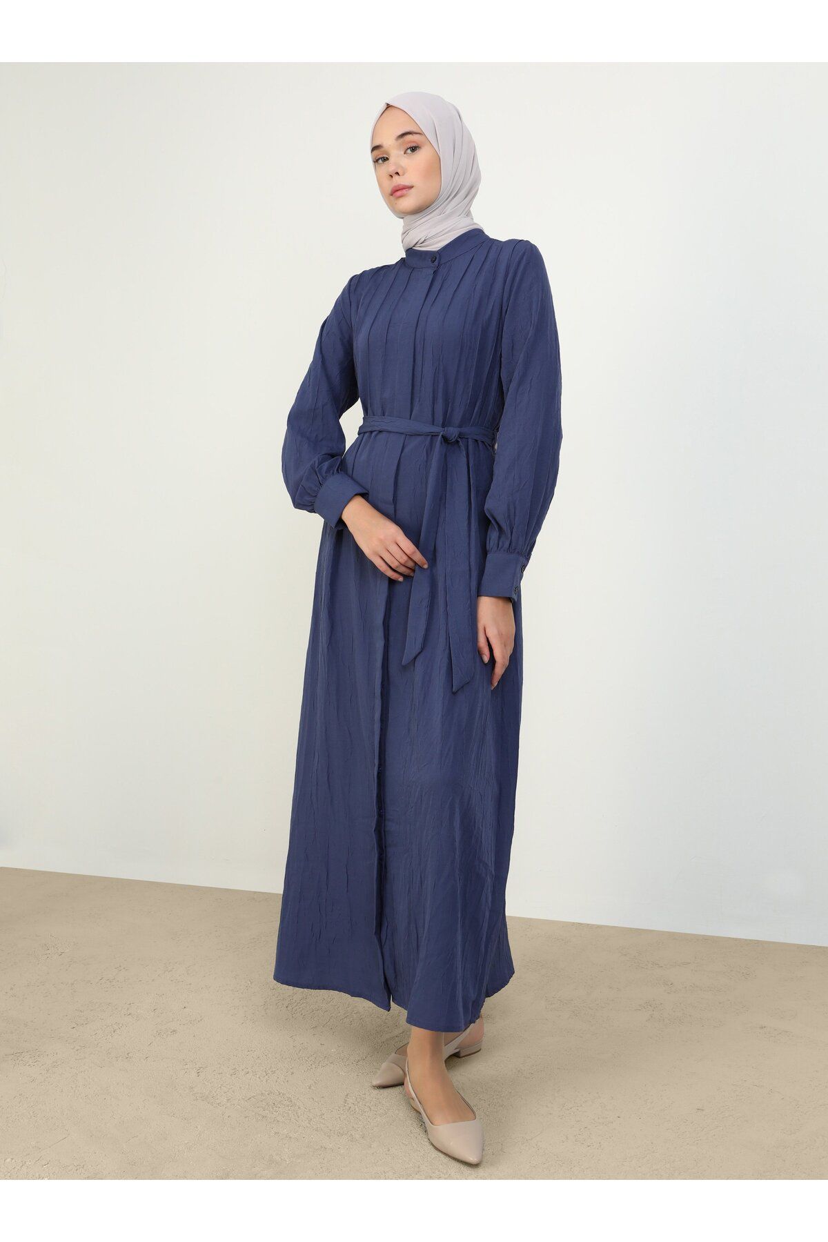 Refka-Granite Colored Rib Detailed High Collar Hijab Dress - Refka 3