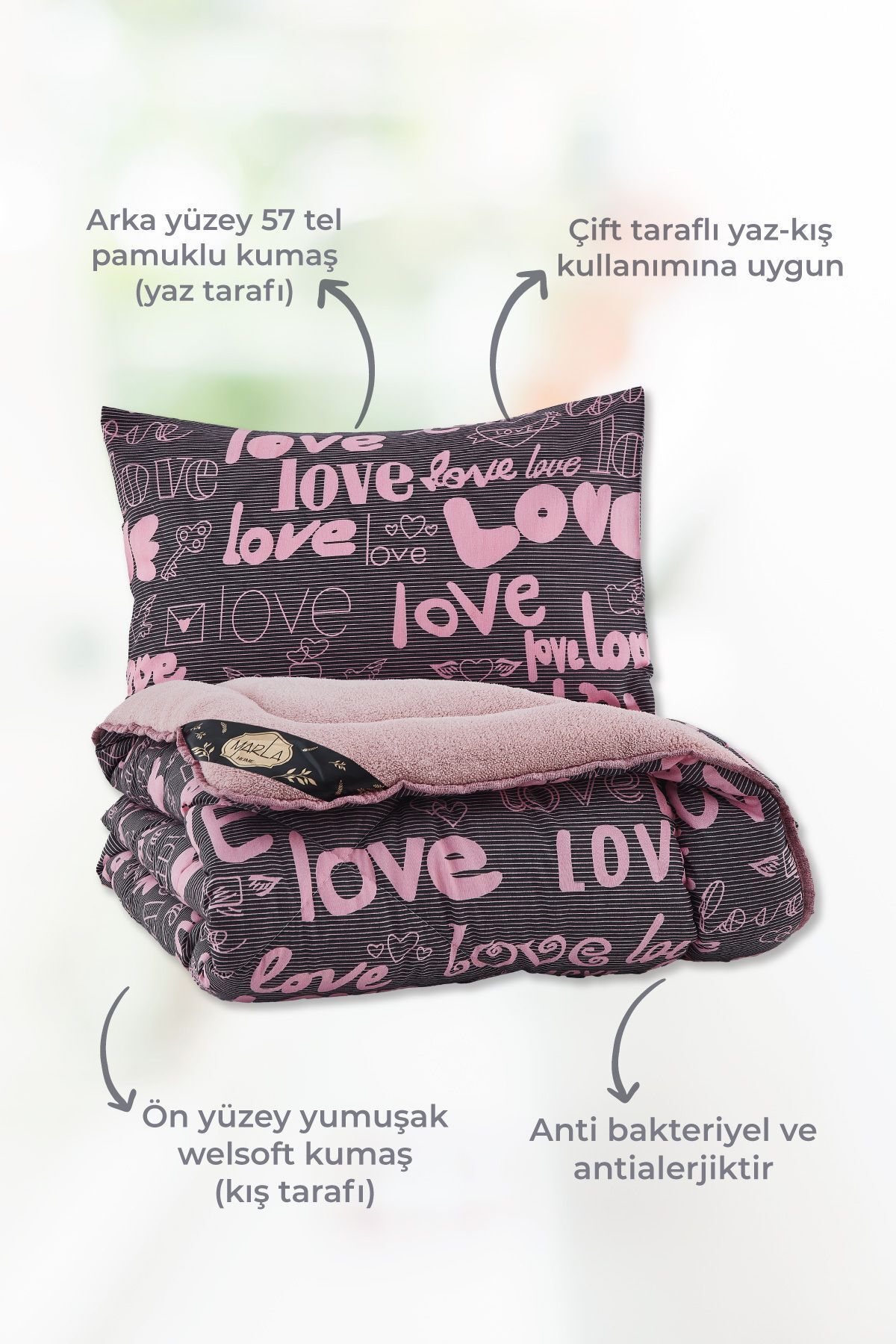 MARLA HOME-Love Patterned Welsoft Cotton - Double Sided Single Fluffy Sleeping Set 3