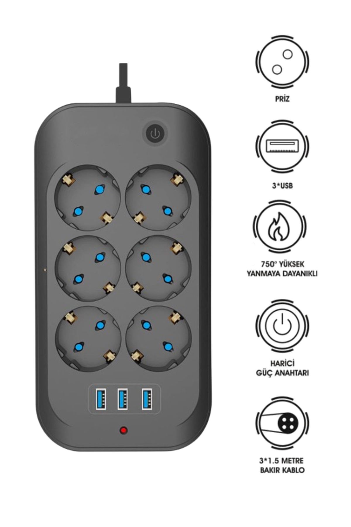 Ecuy-6-Plus Surge Protected Socket – Extension Socket with 3 USB Outputs, 2500W, Heat Resistant Cable 1