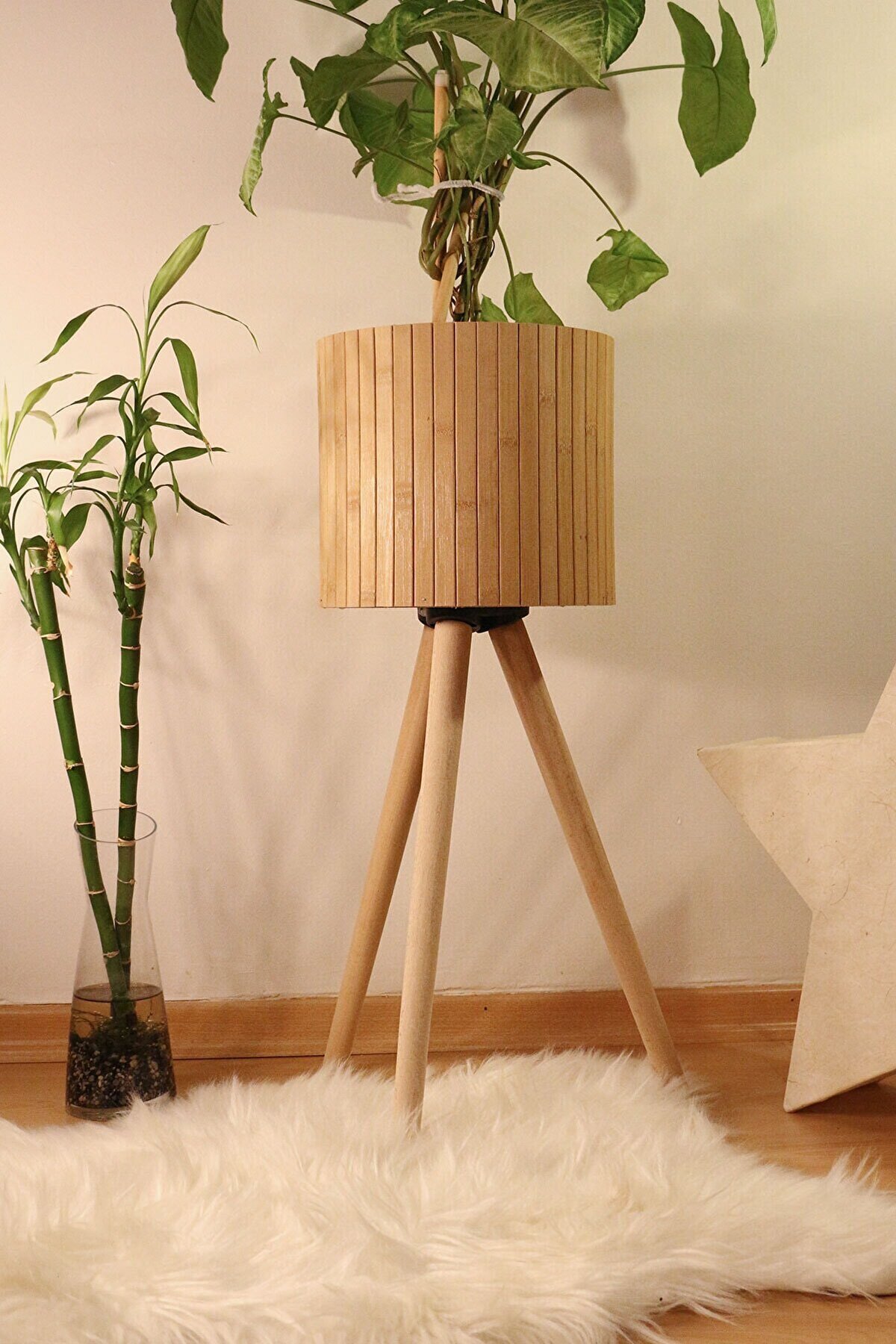 Monchi Bambu Sepet/saksılık, Bambu Çiçeklik, Ayak Yükselikiği 46cm