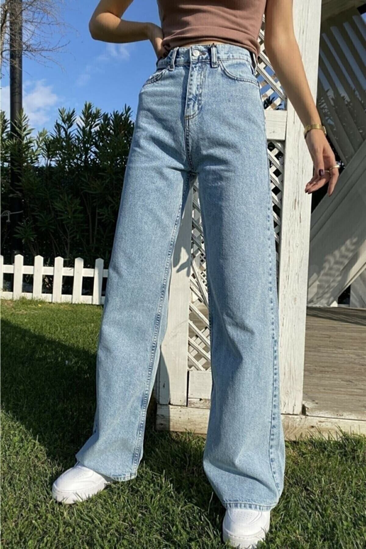 vikigs line Kar Yıkama Mavi Likralı Süper Yüksek Bel Salaş Jeans Palazzo Pantolon -