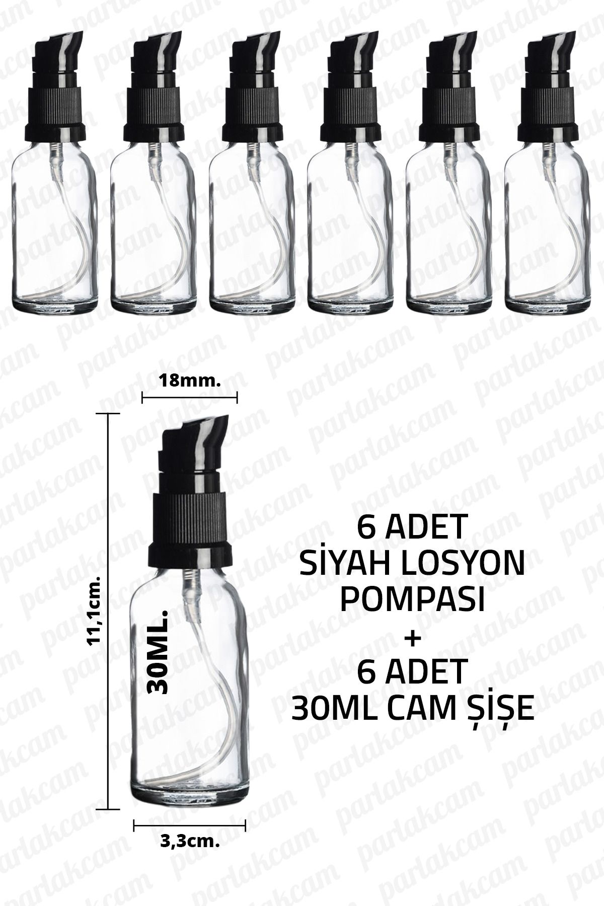 parlakcam 30ml Siyah Losyon Pompası Şeffaf Cam Şişe 30cc Siyah Krem Pompası Başlıklı Şeffaf Cam Şişe 6 Adet