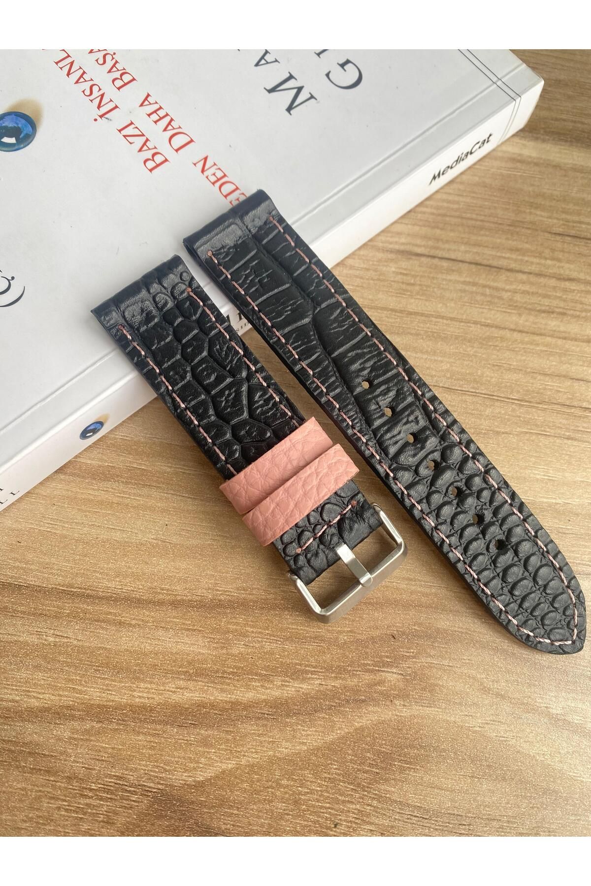 Prizma-22mm Black Croco Genuine Leather Watch Band. Pink Design. 1