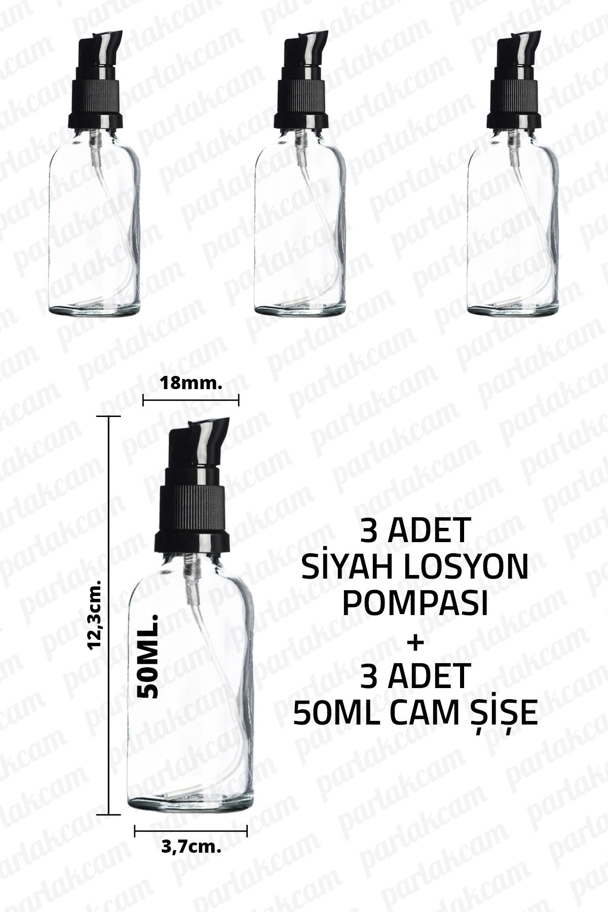 parlakcam 50ml Siyah Losyon Pompası Şeffaf Cam Şişe 50cc Siyah Krem Pompası Başlıklı Şeffaf Cam Şişe 3 Adet