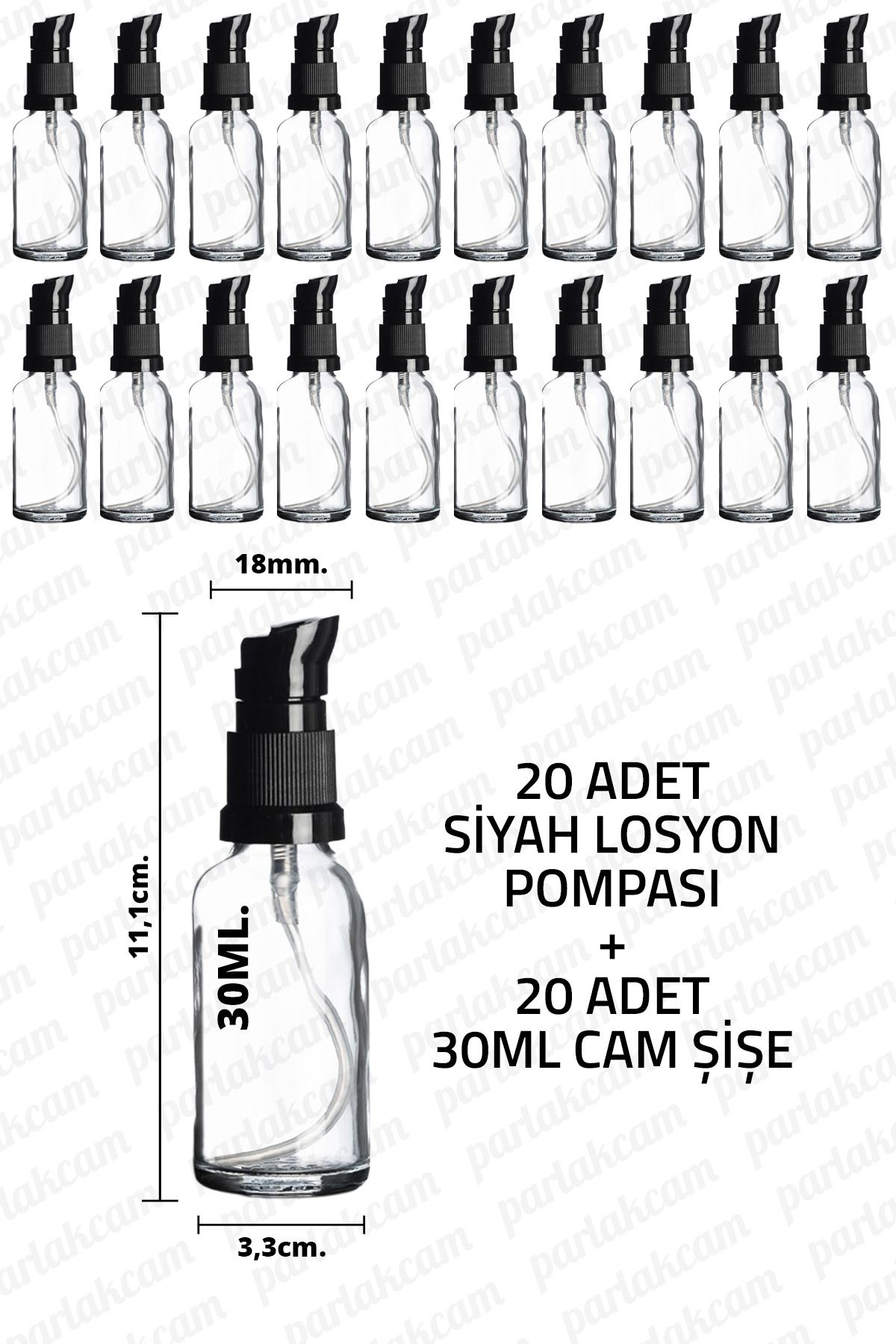 parlakcam 30ml Siyah Losyon Pompası Şeffaf Cam Şişe 30cc Siyah Krem Pompası Başlıklı Şeffaf Cam Şişe 20 Adet