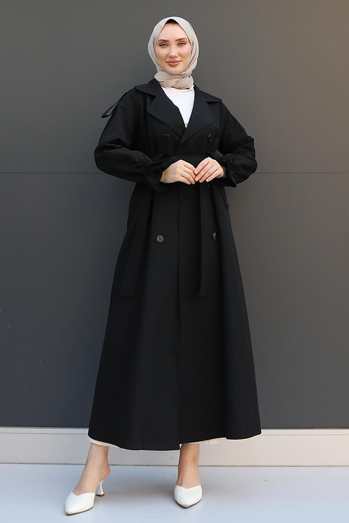 GİZ AGİYİM Kolu İp Detay Trenç Siyah