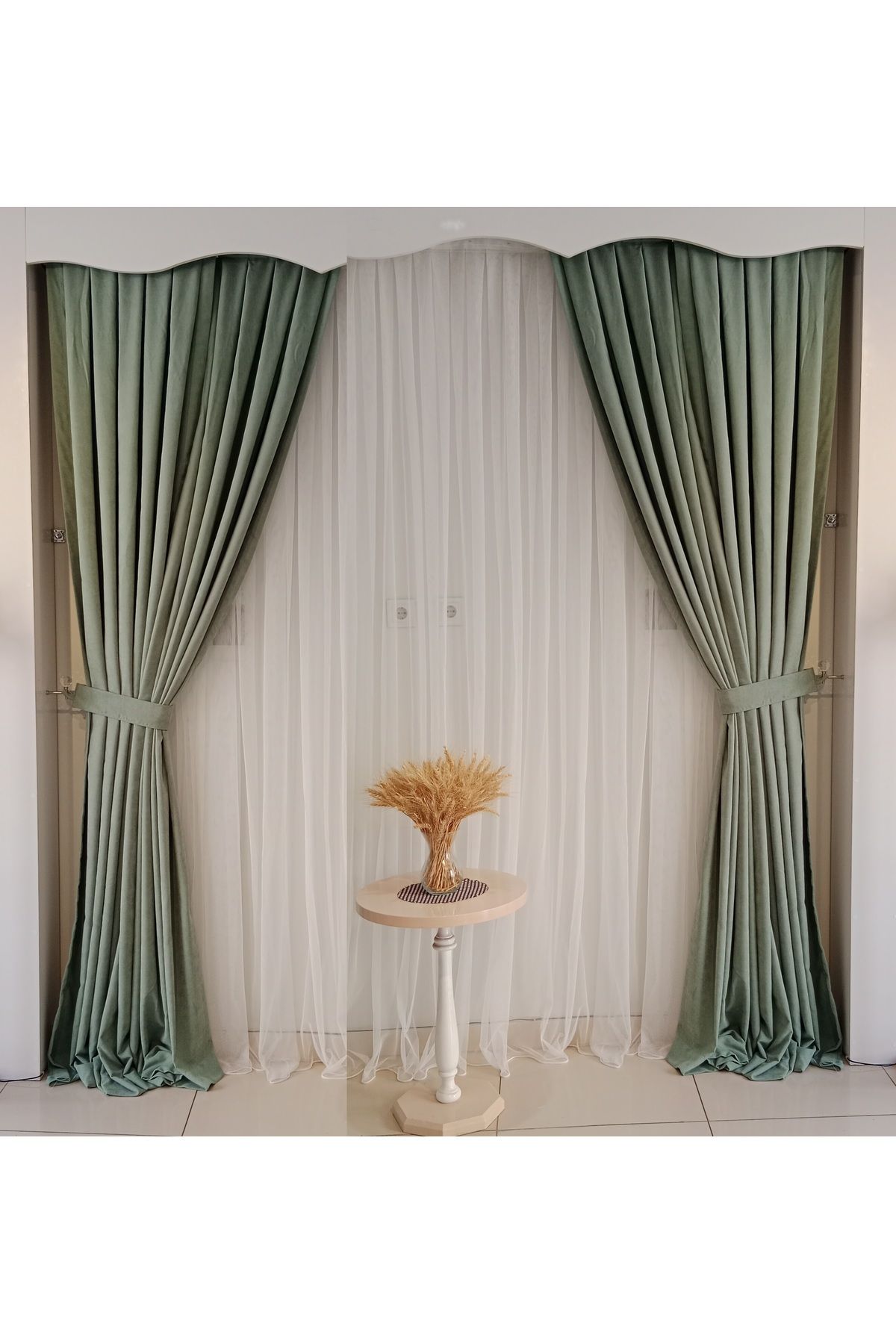 FİGENSİ-Green Velvet Curtain - Double Blades, Close Pleated, V-73 Model 2