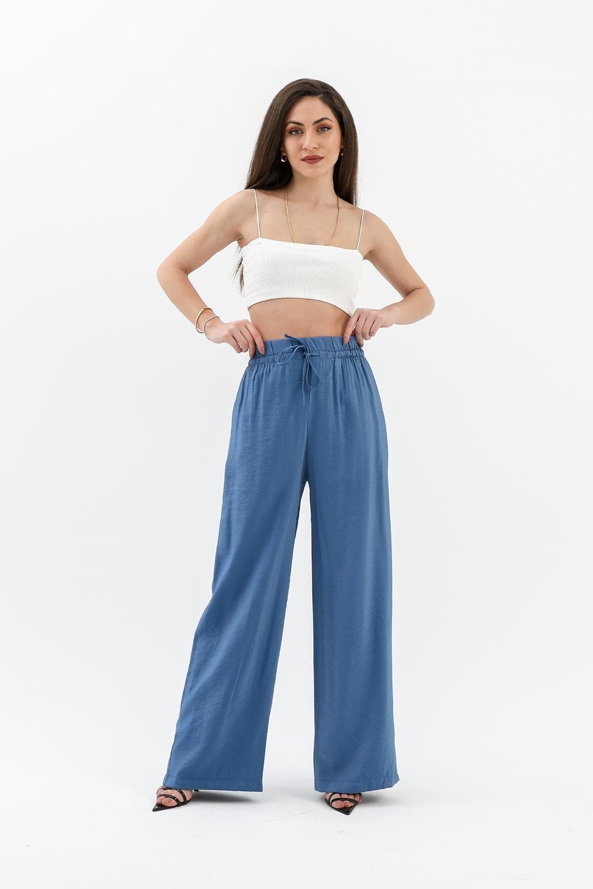 VAPUR TEKSTİL-Indigo - Shiny Linen Trousers with Pockets and Elastic Waist 2