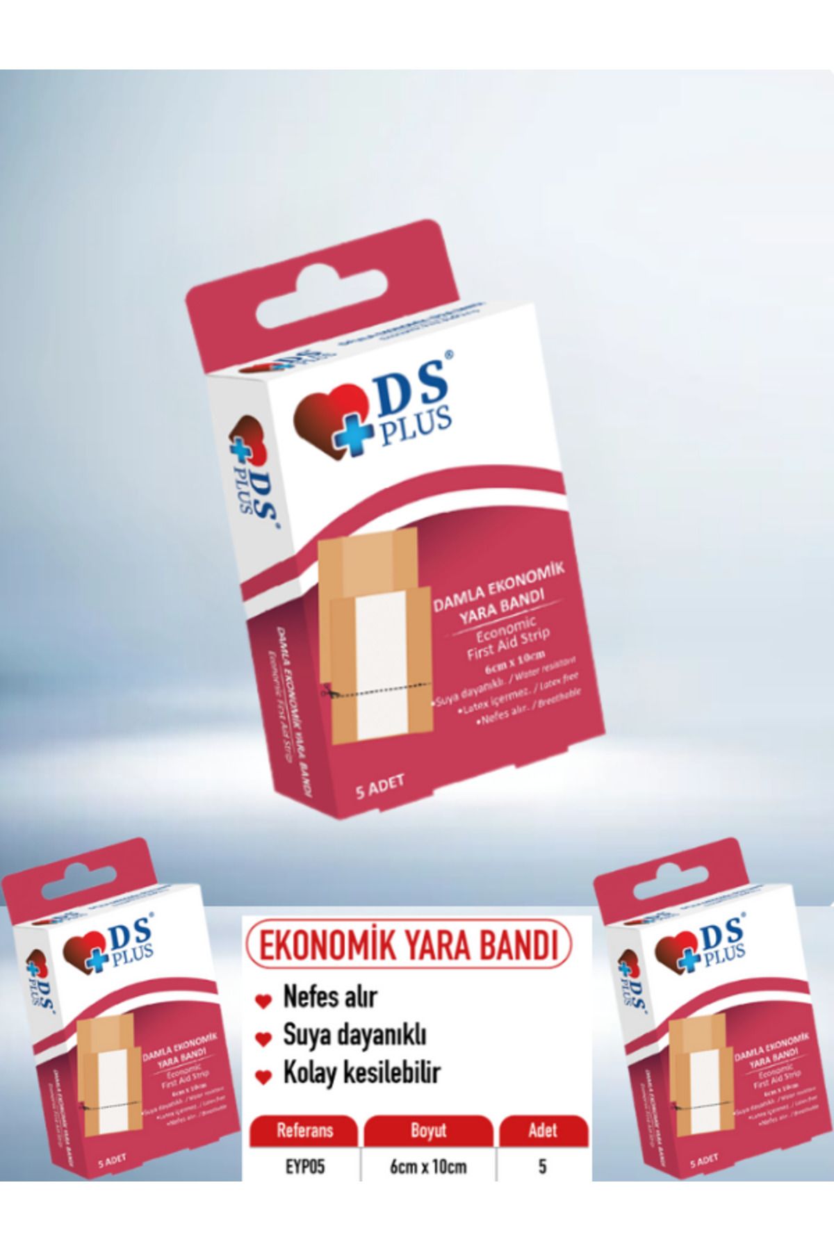 DS Sağlık Yara Bandı EKONOMİK GENİŞ Boy Economic First Aid Strip 100mm x 60mm 5 ADET