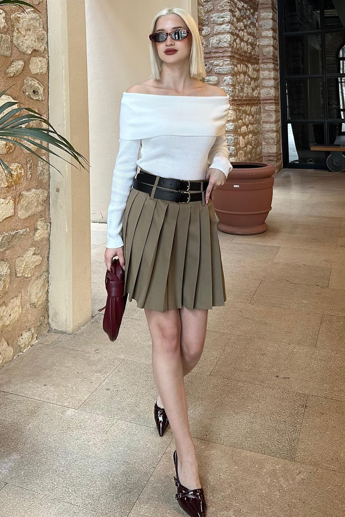 Madmext-Beige Pleated Two Belted Women's Skirt Mg2246 4