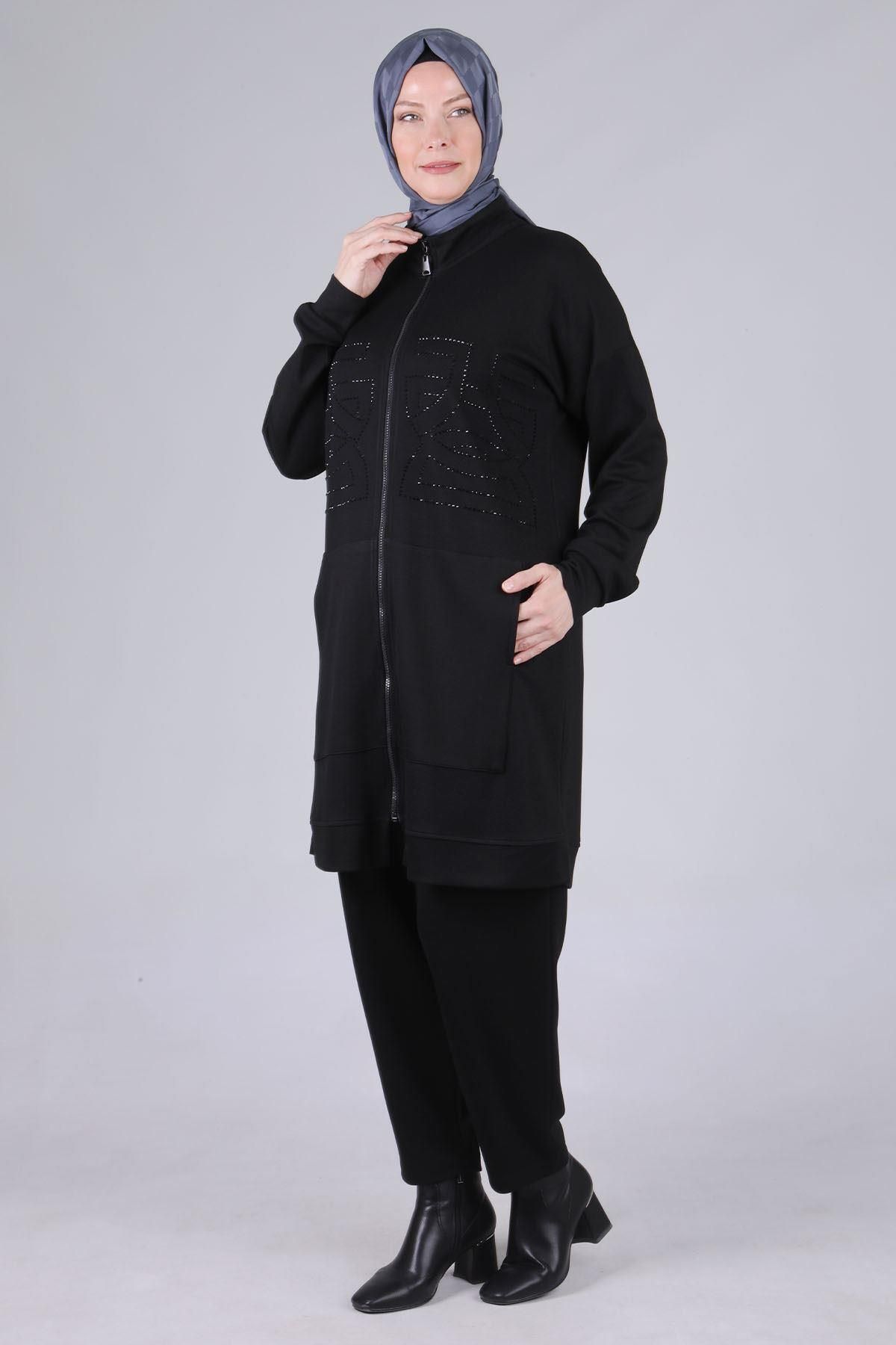 ottoman wear-Black Plus Size Pants Set - Otw3536 2