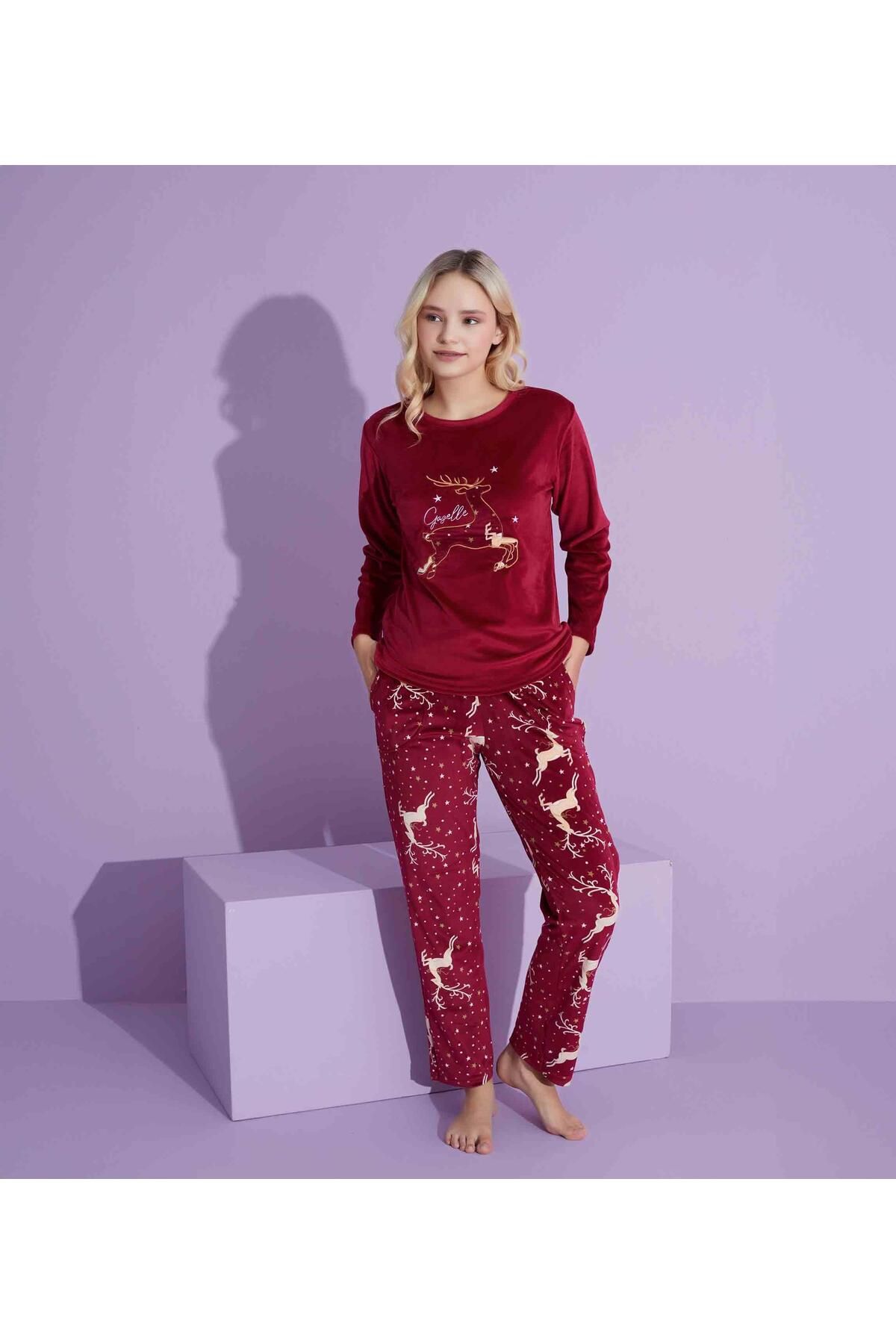 Mutlu City-New Season Trend Model Velvet Mother/Daughter Pajamas Set 2776-Burgundy 6