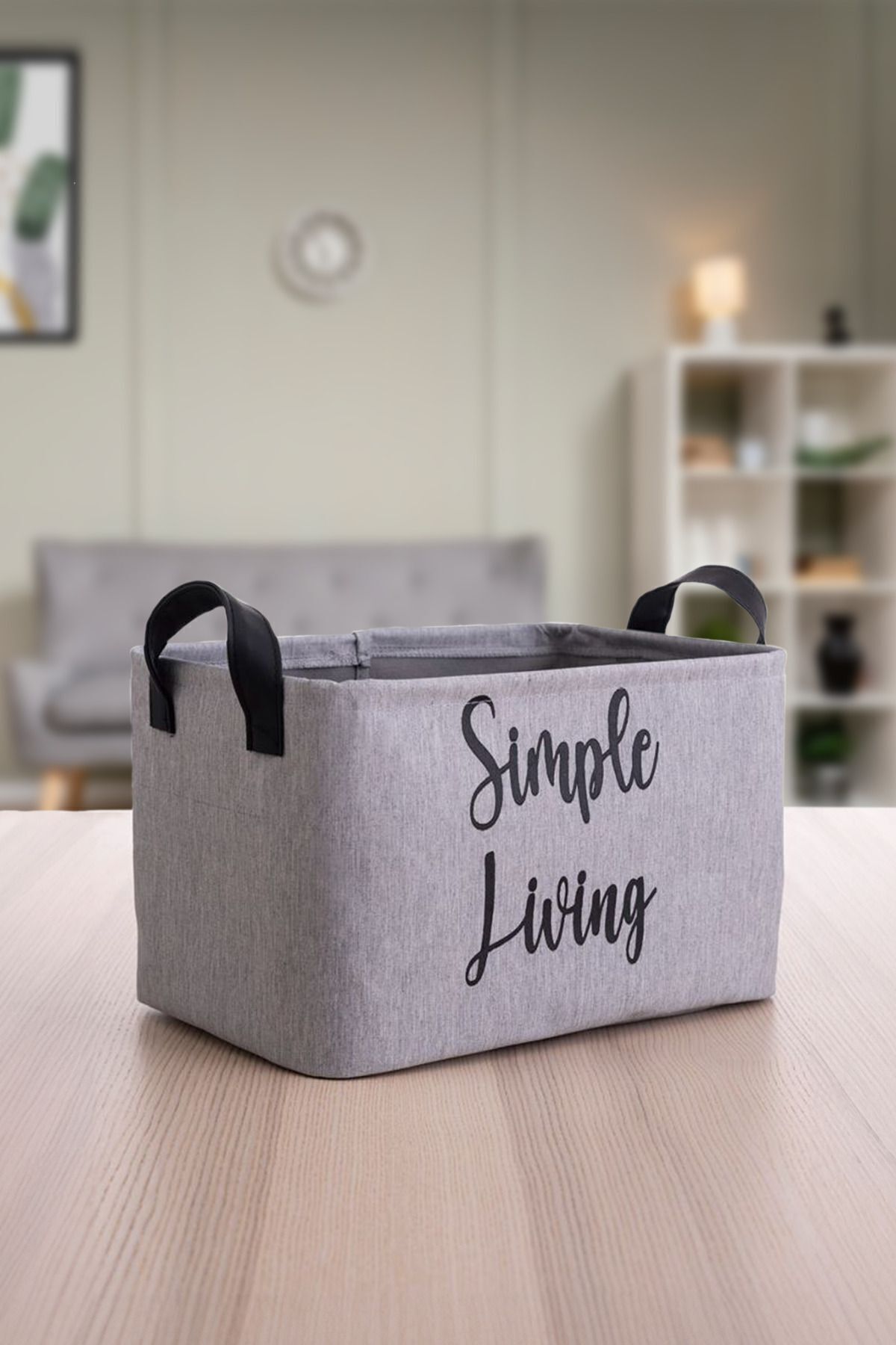 PH Prendi Home Gri Simple Living Baskılı Büyük Boy Düzenleyici Saklama Sepeti 37x 27x25