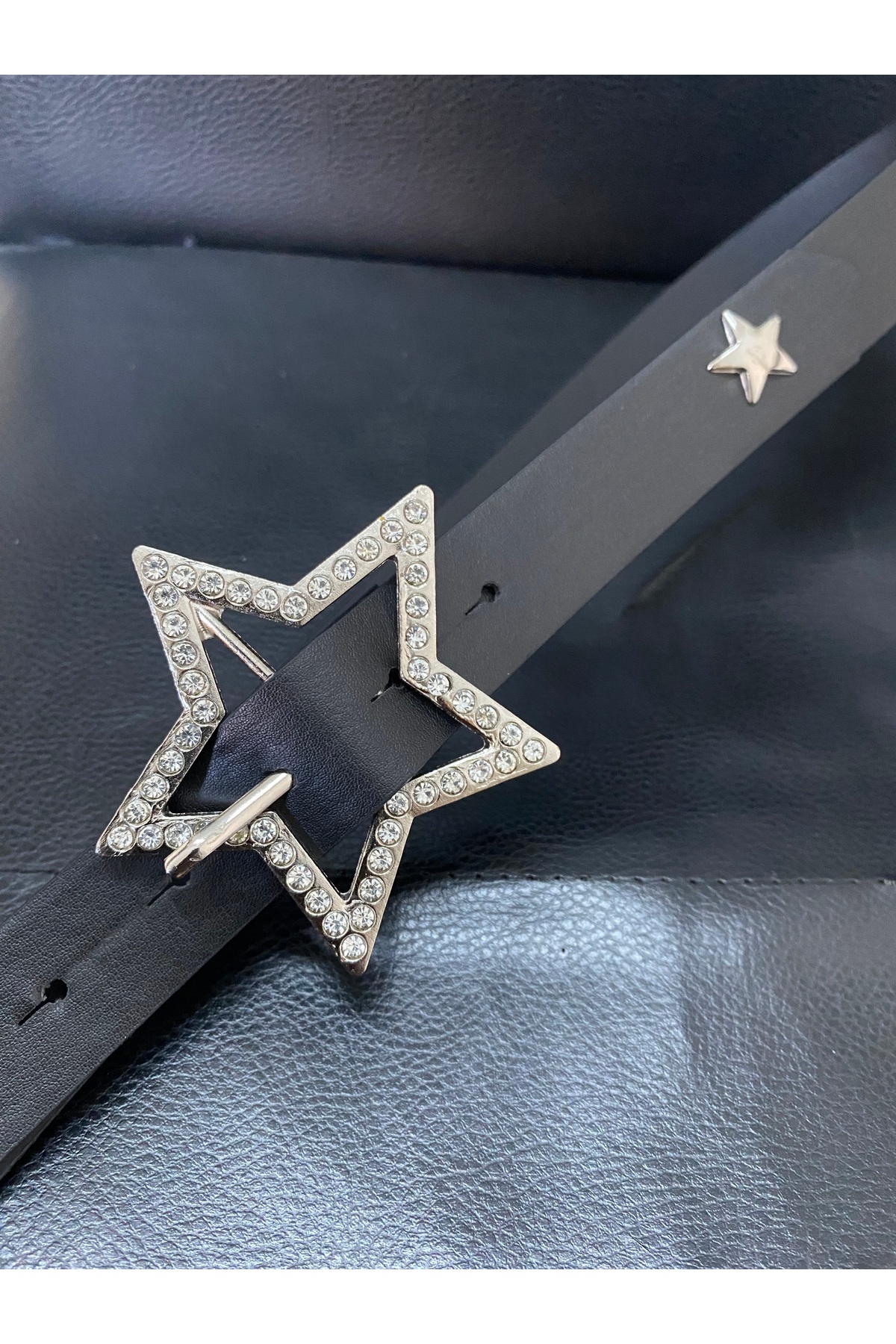 Aksabeltchokers 3.cm taşlı gümüş renk yıldız tokalı kadın Kemeri görsel 5
