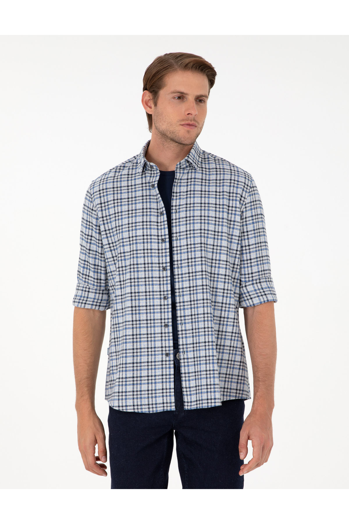 پیر کاردین پیراهن آستین بلند شطرنجی Indigo Regular Fit 50292811-VR028