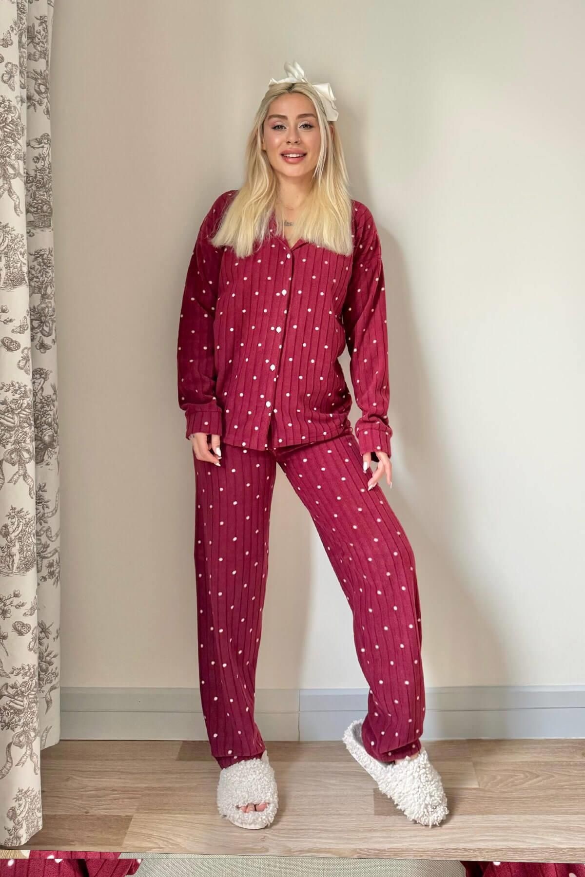 Pijamaevi-Claret Red Dotted Patterned Front Buttoned Plush Fleece Pajama Set 6