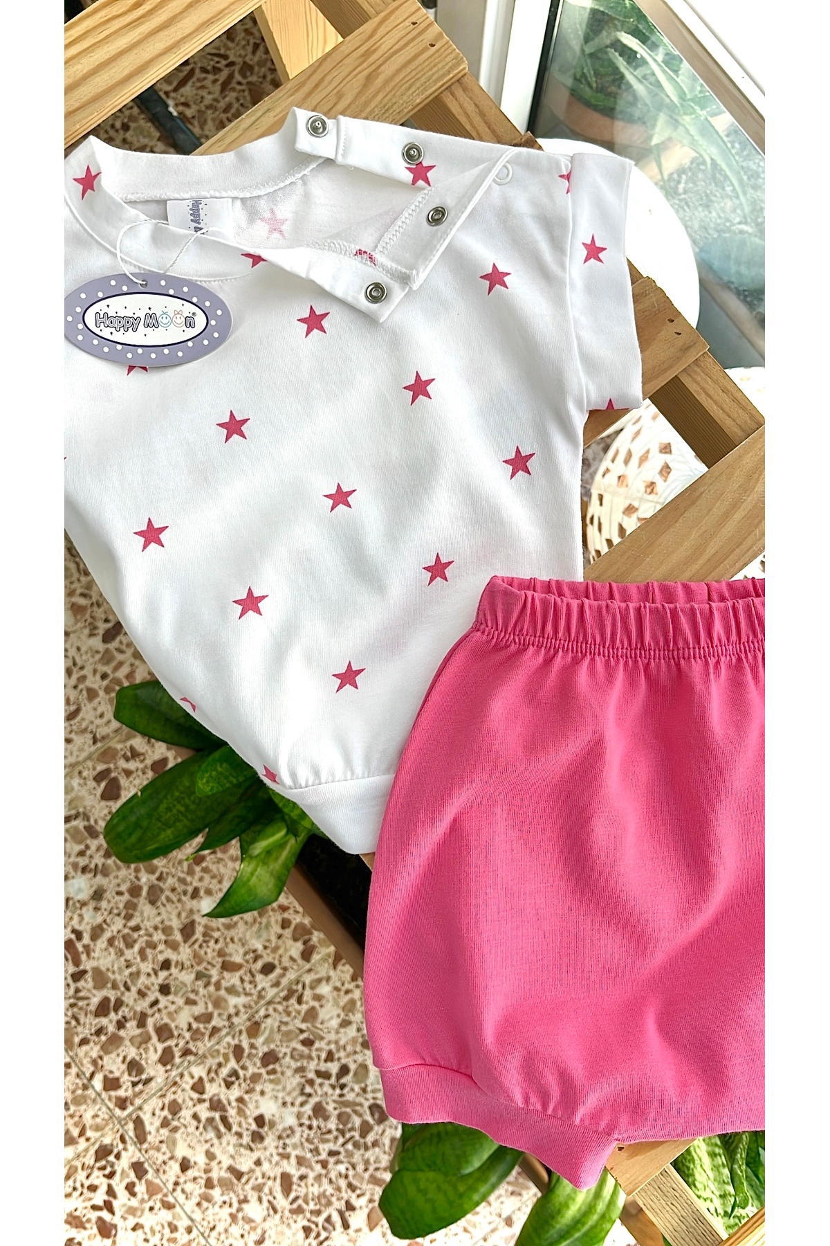 happy moon Bebek Giyim Kız Bebek Yazlık Ikili Takım Rahat Geniş Kalıp Üst Tshirt Şort %100 Pamuk fotoğrafı 3 (önizleme)