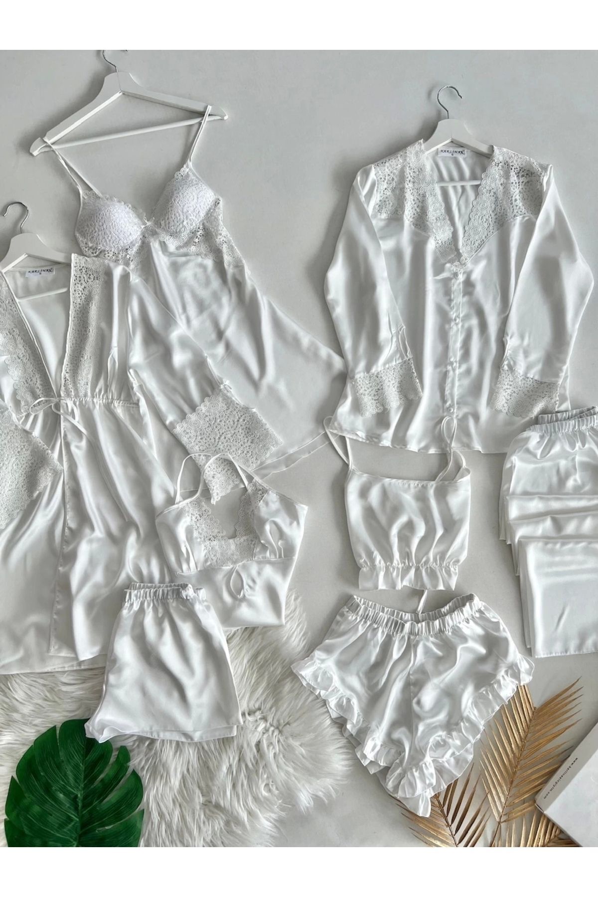 KARLİNAX İpeksi Saten Ekru Dev 8 Parça Gecelik Sabahlık Pijama Çeyiz Seti