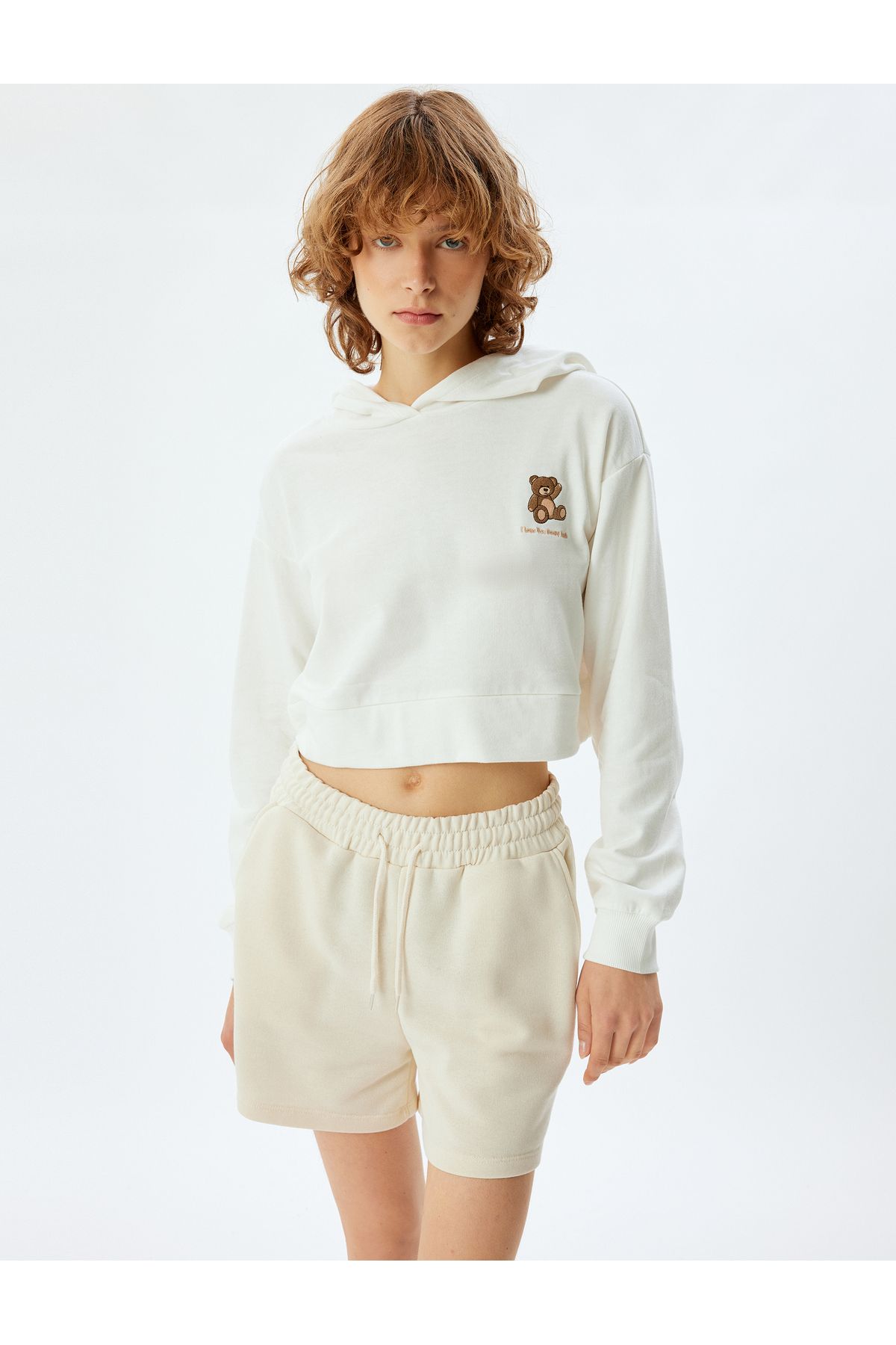 Koton-Cotton Crop Sweatshirt - Hooded and Teddy Bear Embroidered, Three Thread Pajamas Top 3